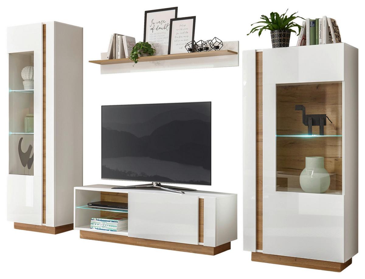 Wohnwand Clair Weiß/Eichefarben - Eichefarben/Weiß, Design, Glas/Holzwerkstoff (290/194/40cm) - MID.YOU