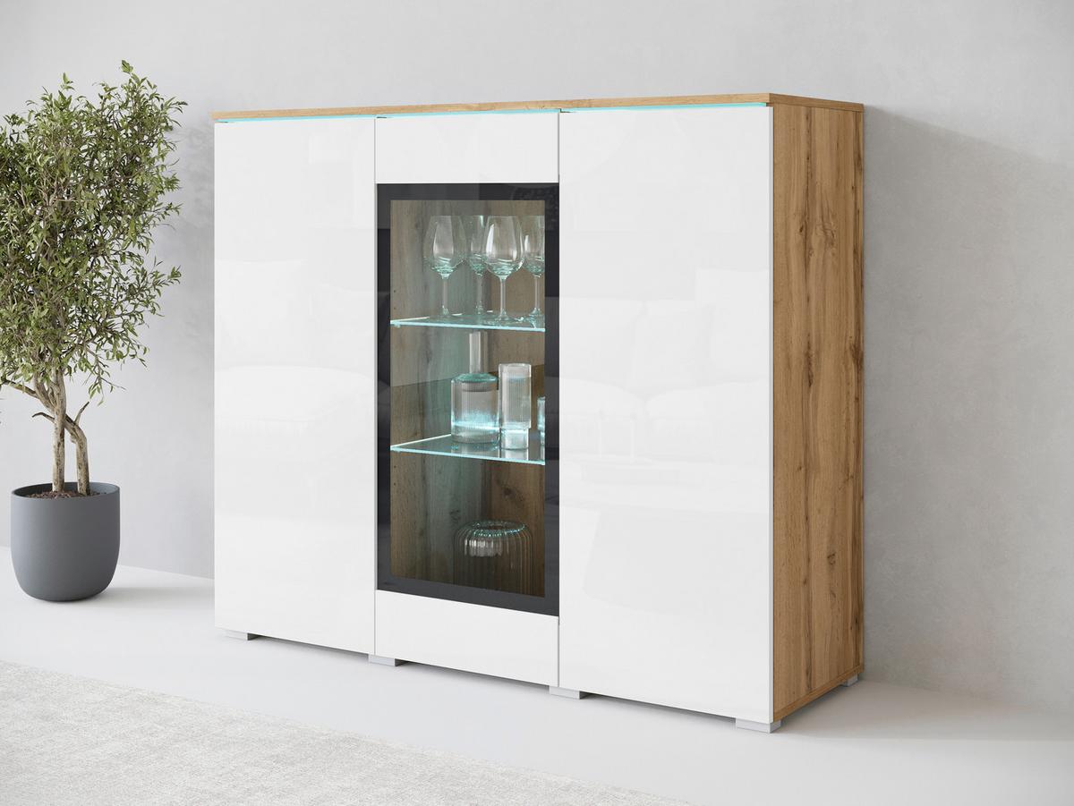 Visoka Komoda Vera 120, Bela, Barva Hrasta - hrast wotan/siva, Trend, umetna masa/steklo (120/103,3/39,5cm) - P & B