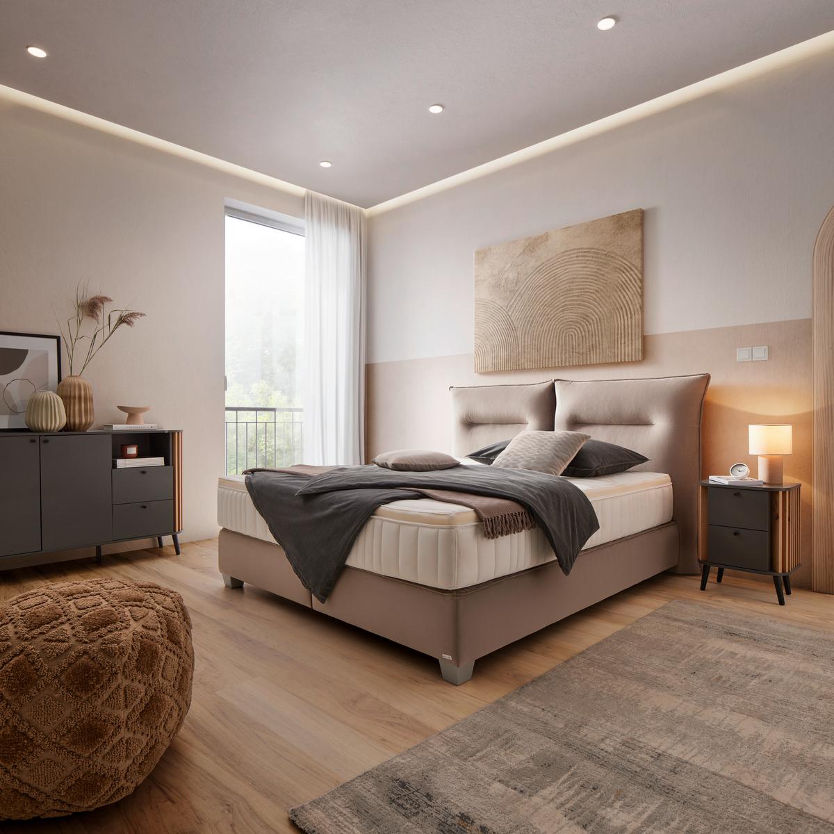 Boxspringbett Fog in Beige ca. 160x200cm - Beige/Silberfarben, LIFESTYLE, Holz/Holzwerkstoff (160/200cm) - Premium Living