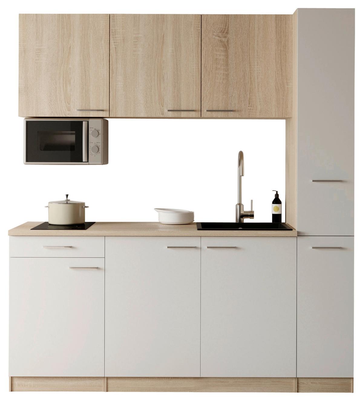 Küchenblock Ingrid m. Geräten Weiß - Eichefarben/Alufarben, Design, Holzwerkstoff/Kunststoff (180cm) - Respekta
