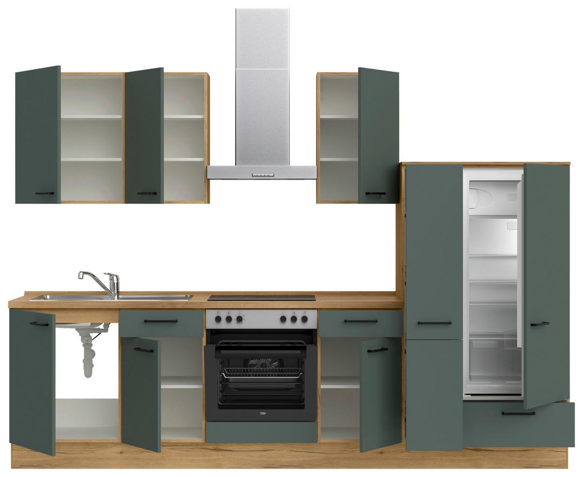 Küchenblock Easytouch m. Geräten Dunkelgrün - Dunkelgrün/Eichefarben, MODERN, Holzwerkstoff/Metall (300cm) - Nobilia