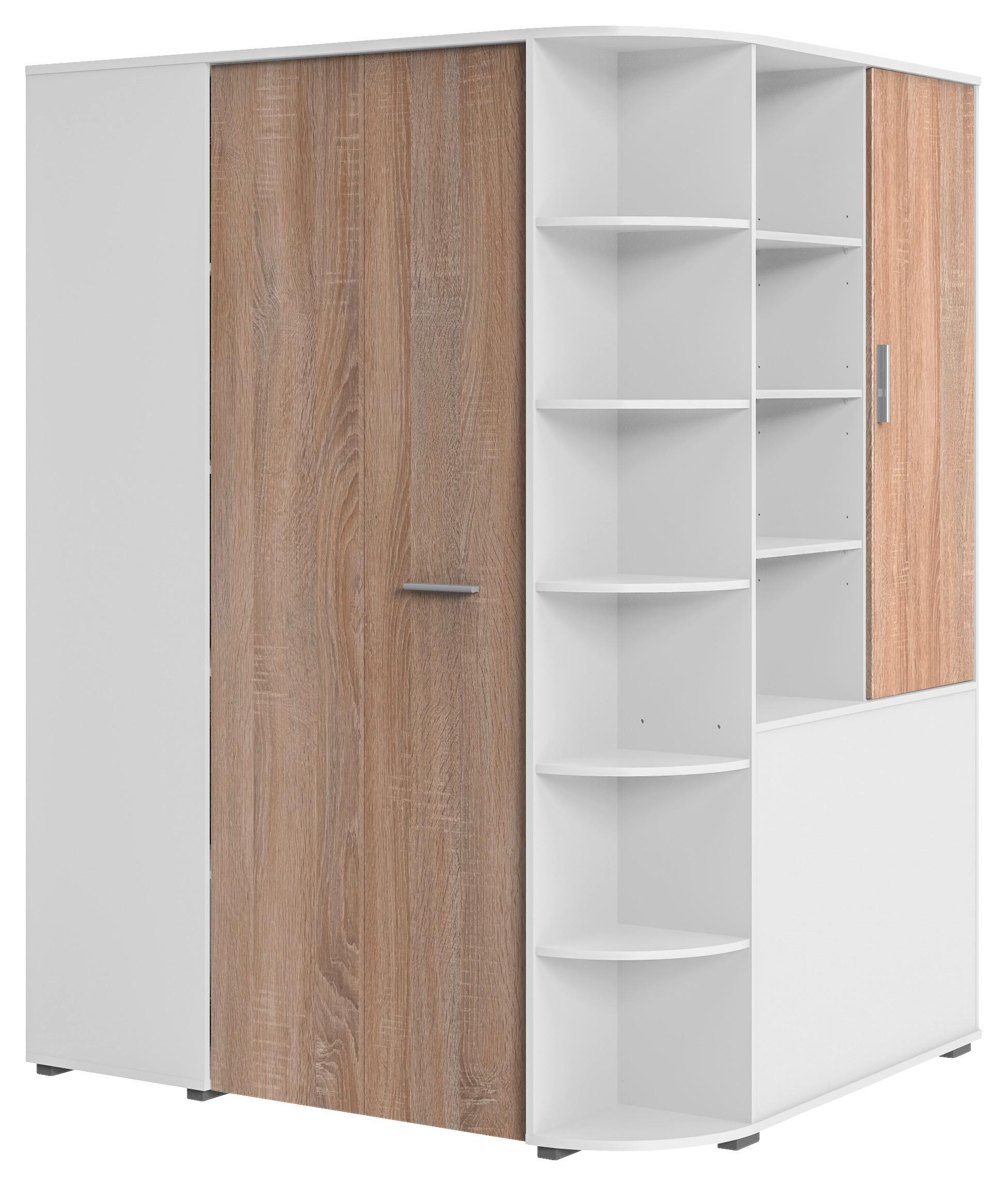 Eckschrank Young Weiß/Eichefarben - Eichefarben/Alufarben, KONVENTIONELL, Holzwerkstoff/Kunststoff (124/198/148cm) - Mömax