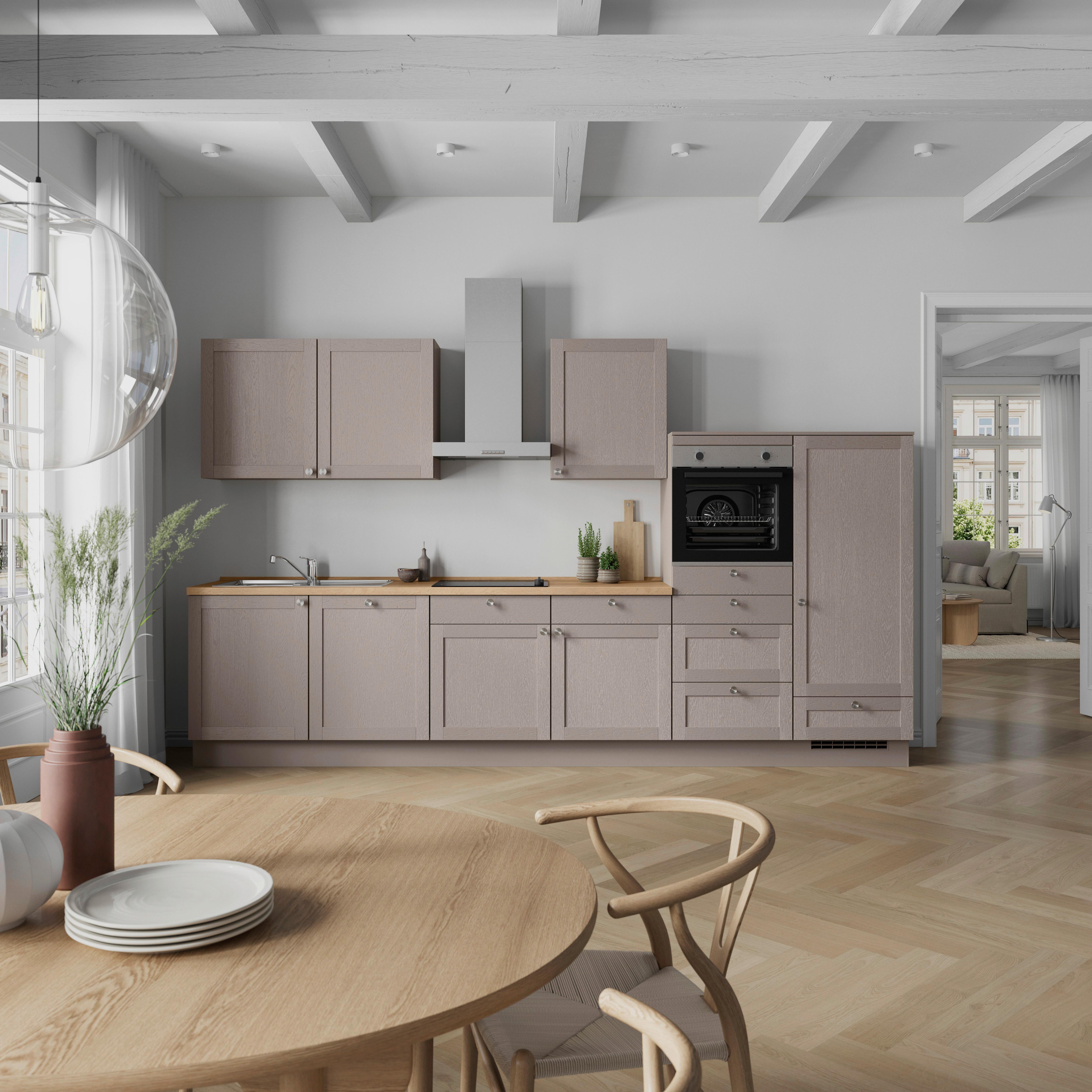 Küchenleerblock Frame Low o. Geräte Beigebraun - Edelstahlfarben/Eichefarben, MODERN, Holzwerkstoff/Metall (360cm) - Nobilia