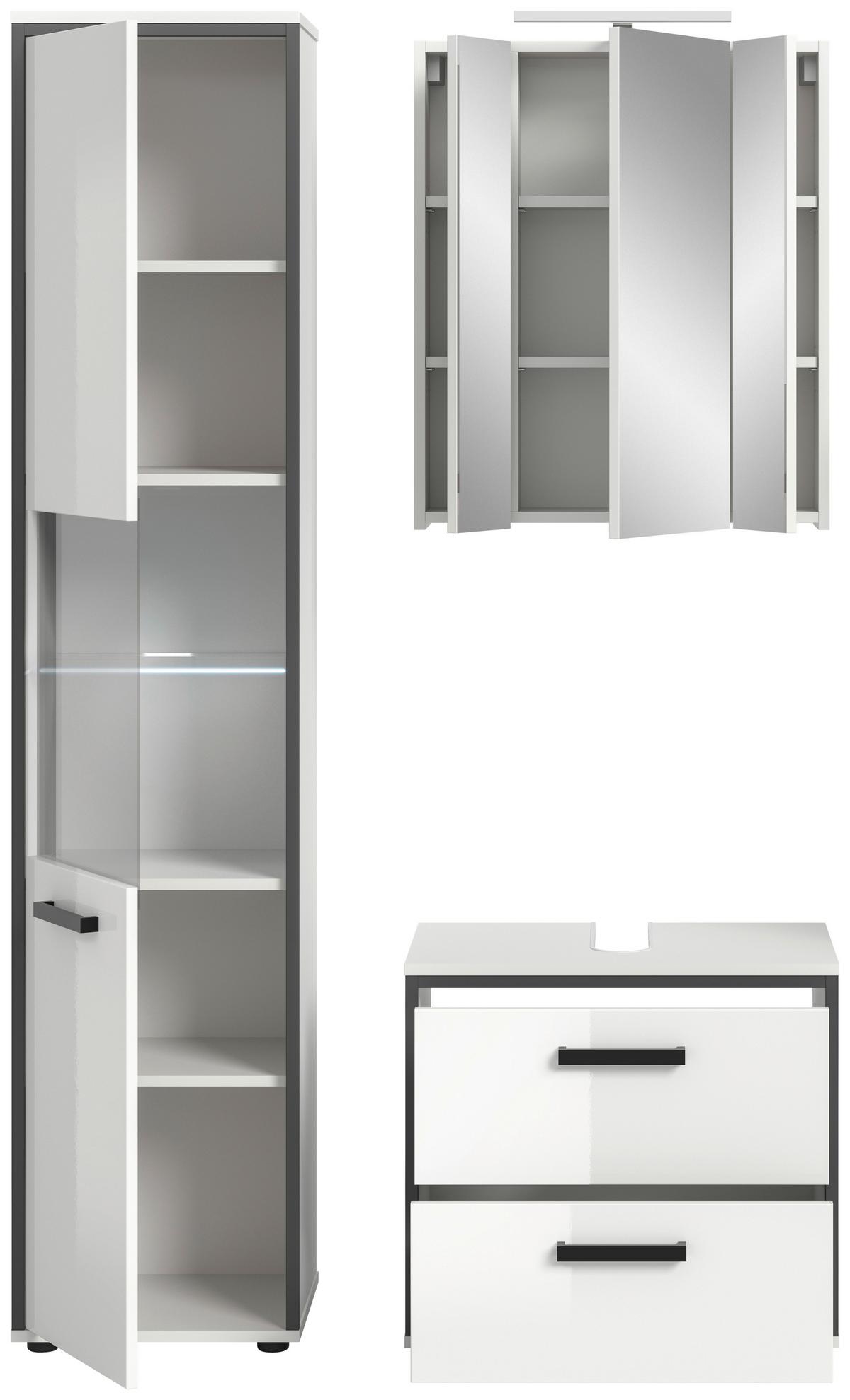 Badezimmer Kojak 3-tlg. Weiß/Anthrazit m. LED - Weiß Hochglanz/Schwarz, MODERN, Holzwerkstoff/Kunststoff (100cm) - MID.YOU