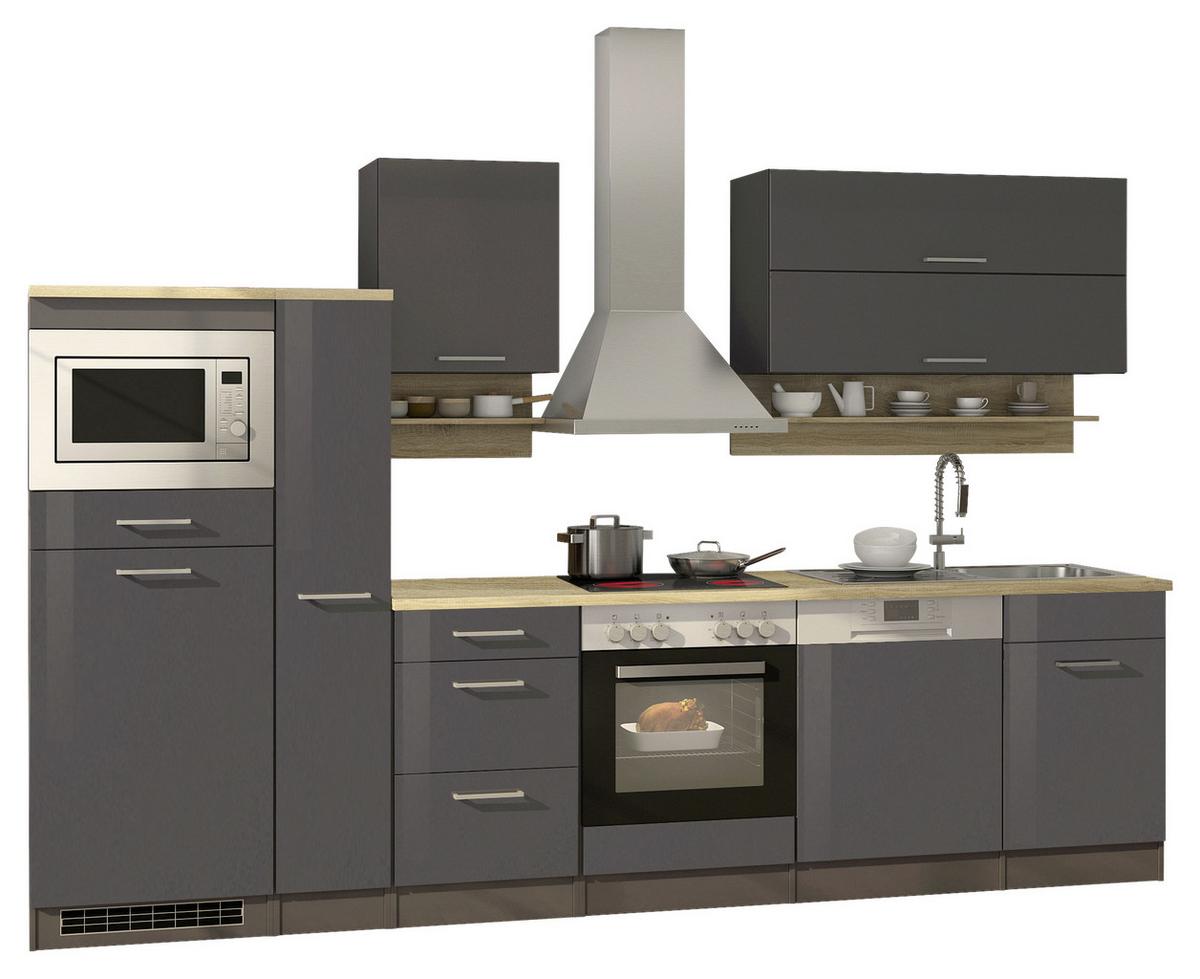 Küchenblock in Anthrazit inkl. E-Geräte 'Mailand' - Chromfarben/Eichefarben, MODERN, Holzwerkstoff/Metall (310cm) - Held