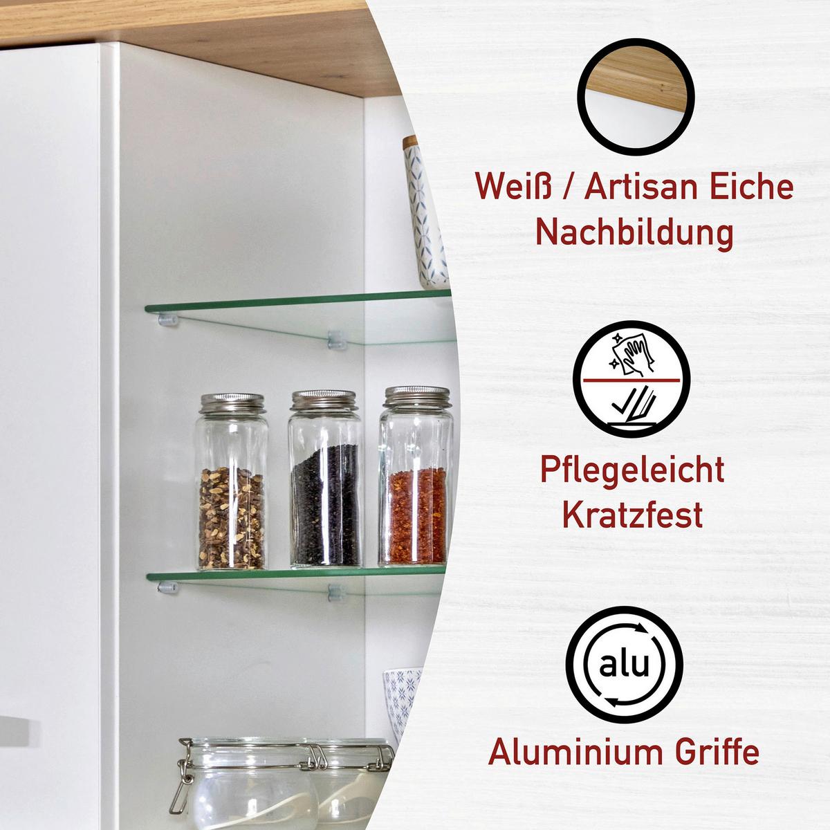 Küchenleerblock Bundle 8-Sorba o. Geräte Weiß - Silberfarben/Weiß, MODERN, Glas/Holzwerkstoff (430cm) - home24