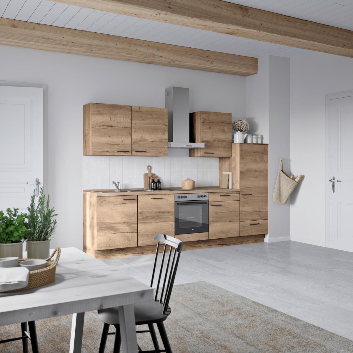 Küchenblock Structura Low m. Geräten Eiche dunkel - Eiche dunkel/Eichefarben, MODERN, Holzwerkstoff/Metall (300cm) - Nobilia