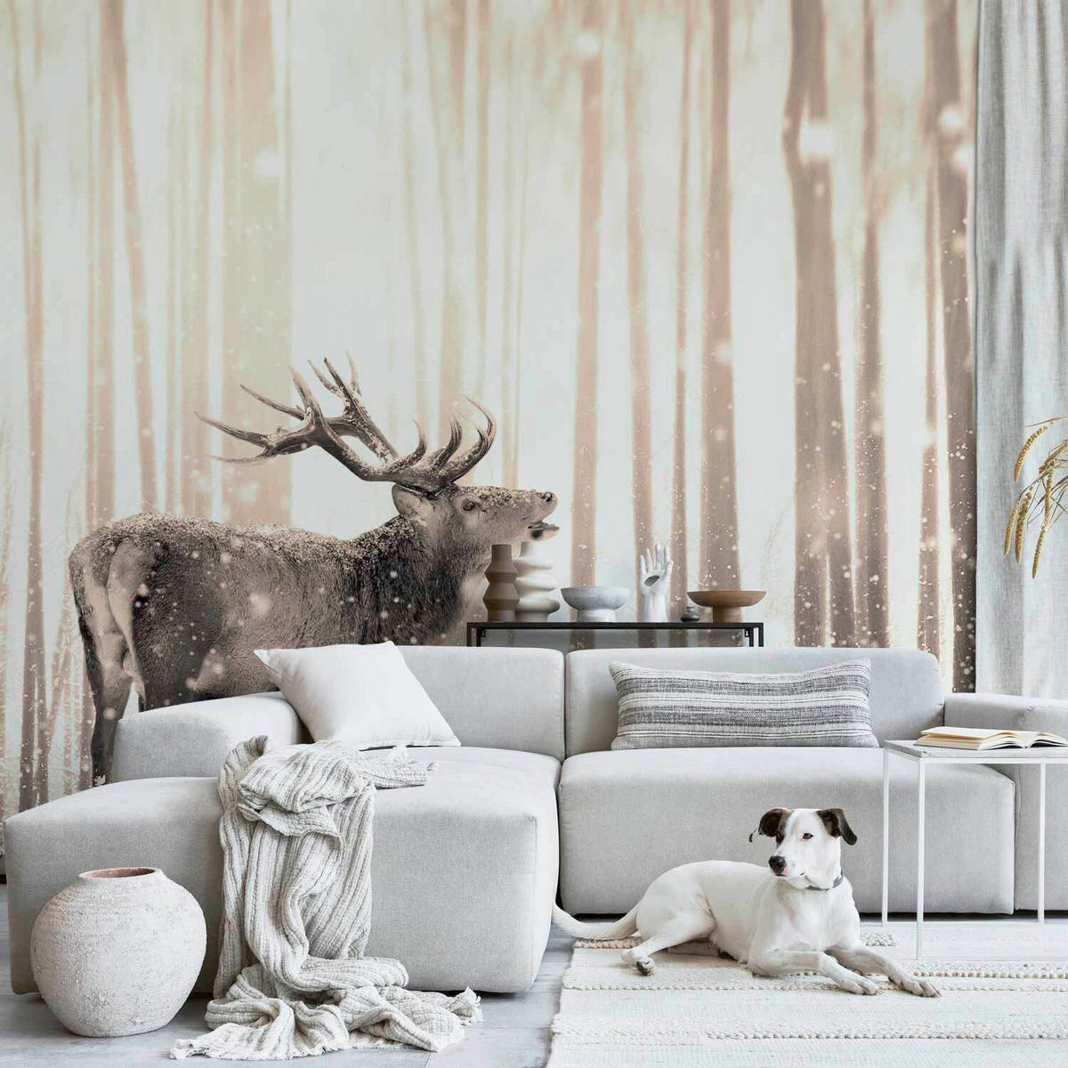 Fototapete Deer in the Snow Weiß/Beige - Beige/Weiß, LIFESTYLE, Textil (200/140cm) - artgeist