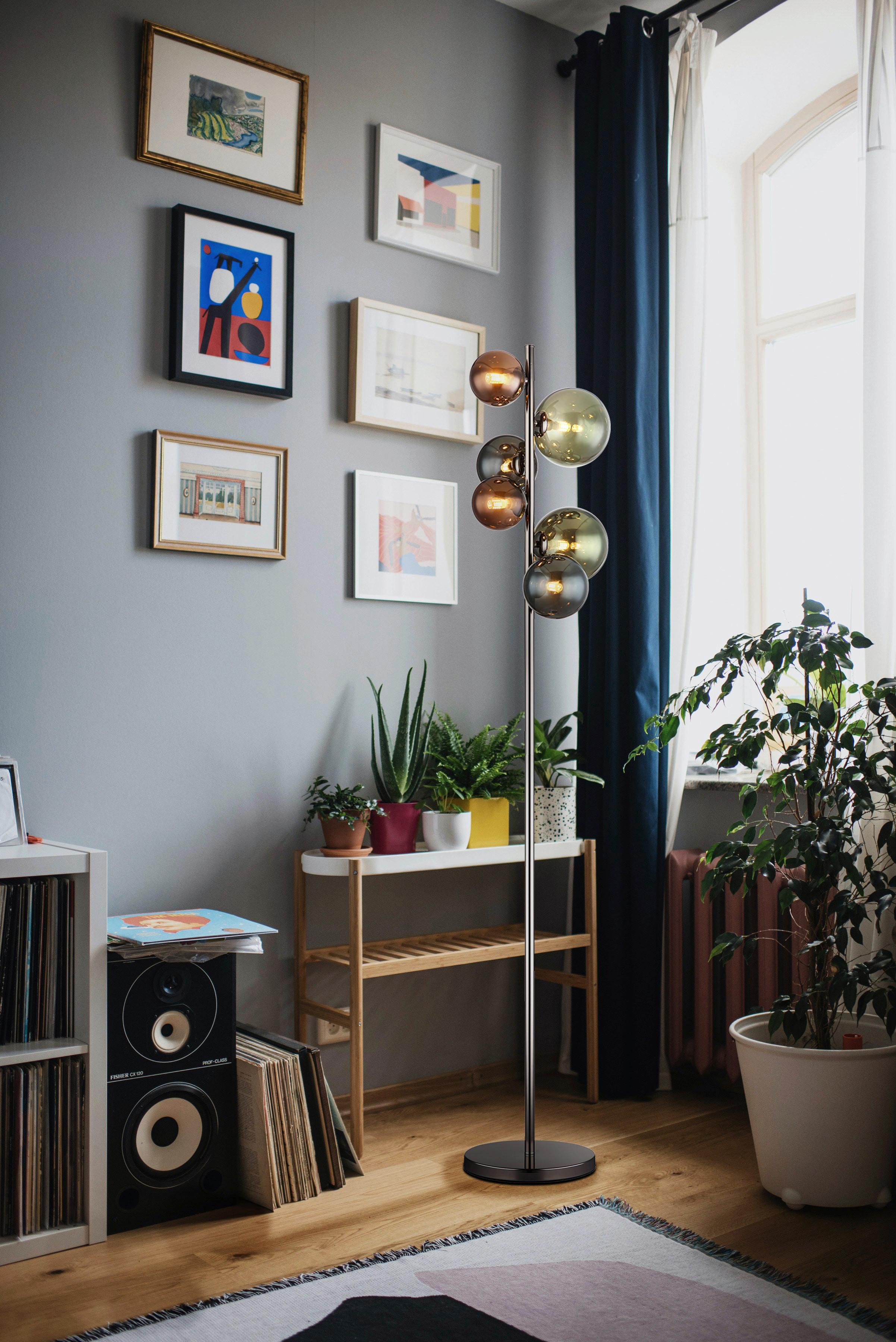 LED-STEHLEUCHTE 56142-6S RIHA - Petrol/Schwarz, Design, Glas/Kunststoff (28,5/26,5/155cm) - Globo