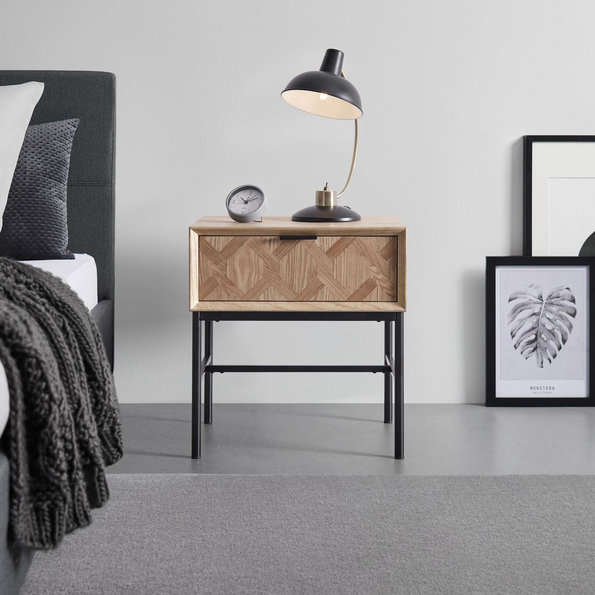 Nočna Omarica Milano, Jesenov Les, Črna - barve jesena/črna, Moderno, kovina/les (47,5/51/36cm) - Bessagi Home