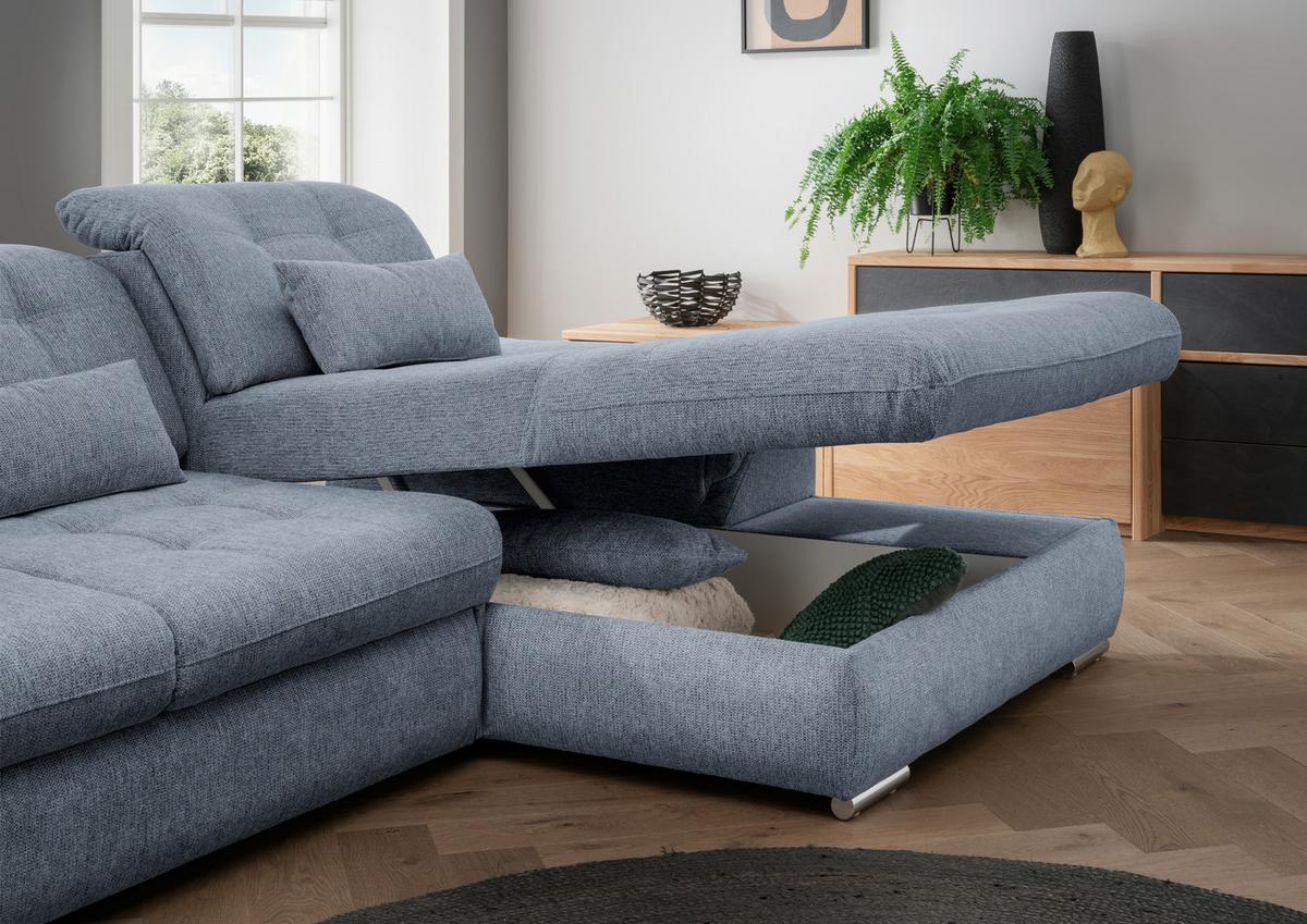 Ecksofa Rigatti mit Bettkasten ca. 314x184 cm Hellblau - Chromfarben/Anthrazit, MODERN, Textil/Metall (314/184cm) - Livetastic