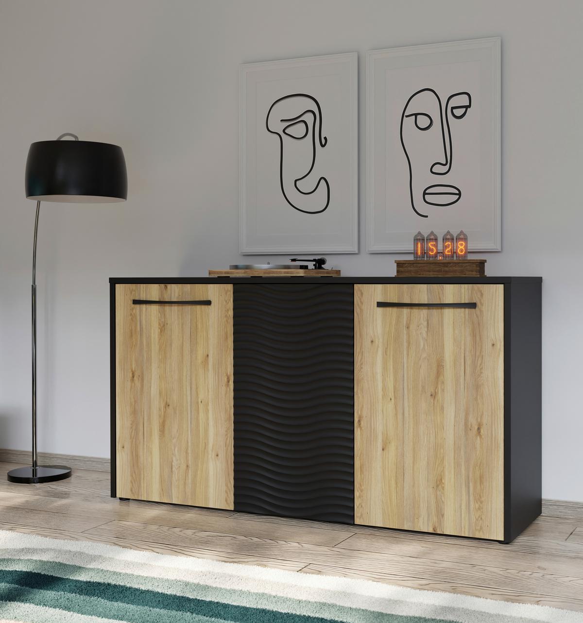 Komoda Karlshamn - boje hrasta/crna, Moderno, drvni materijal/metal (164,2/88,8/42cm) - Premium Living