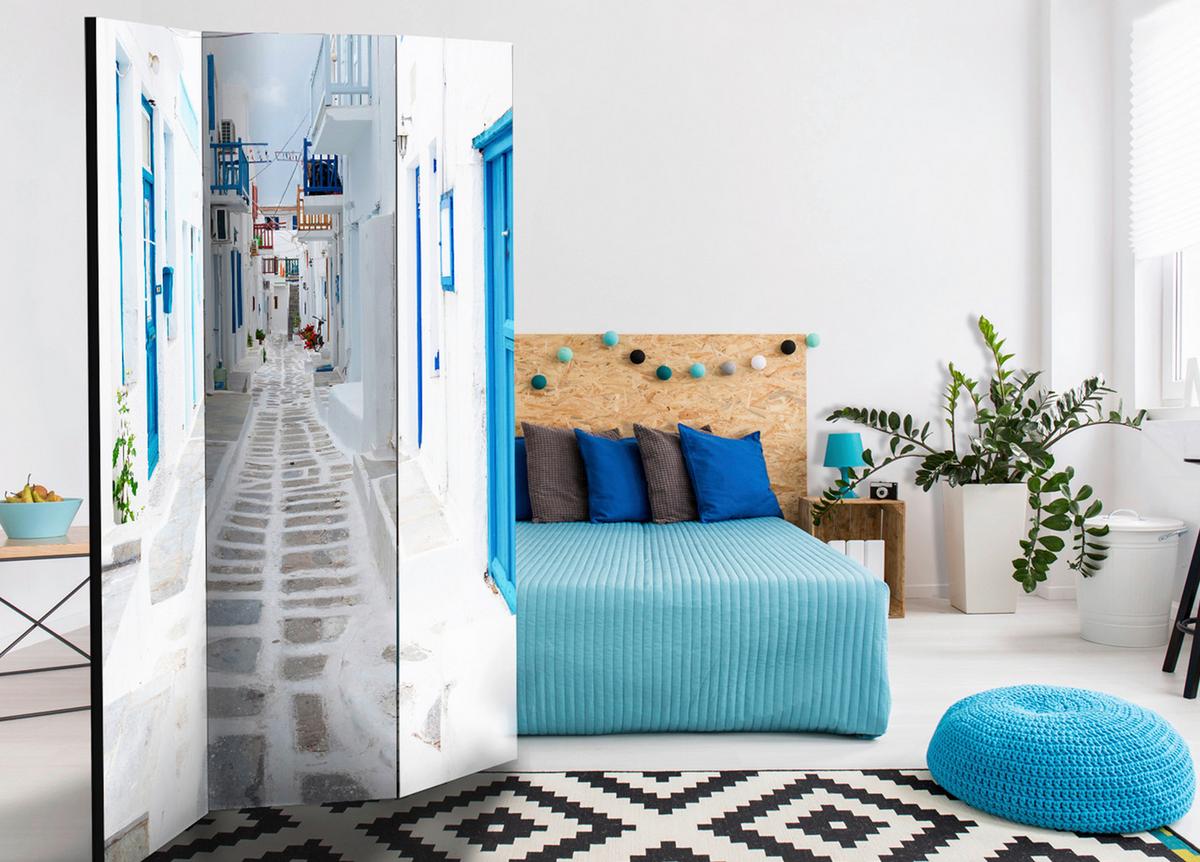 Paravent Greek Dream Island Weiß/Hellblau - Weiß/Hellblau, Basics, Holz/Textil (135cm) - artgeist