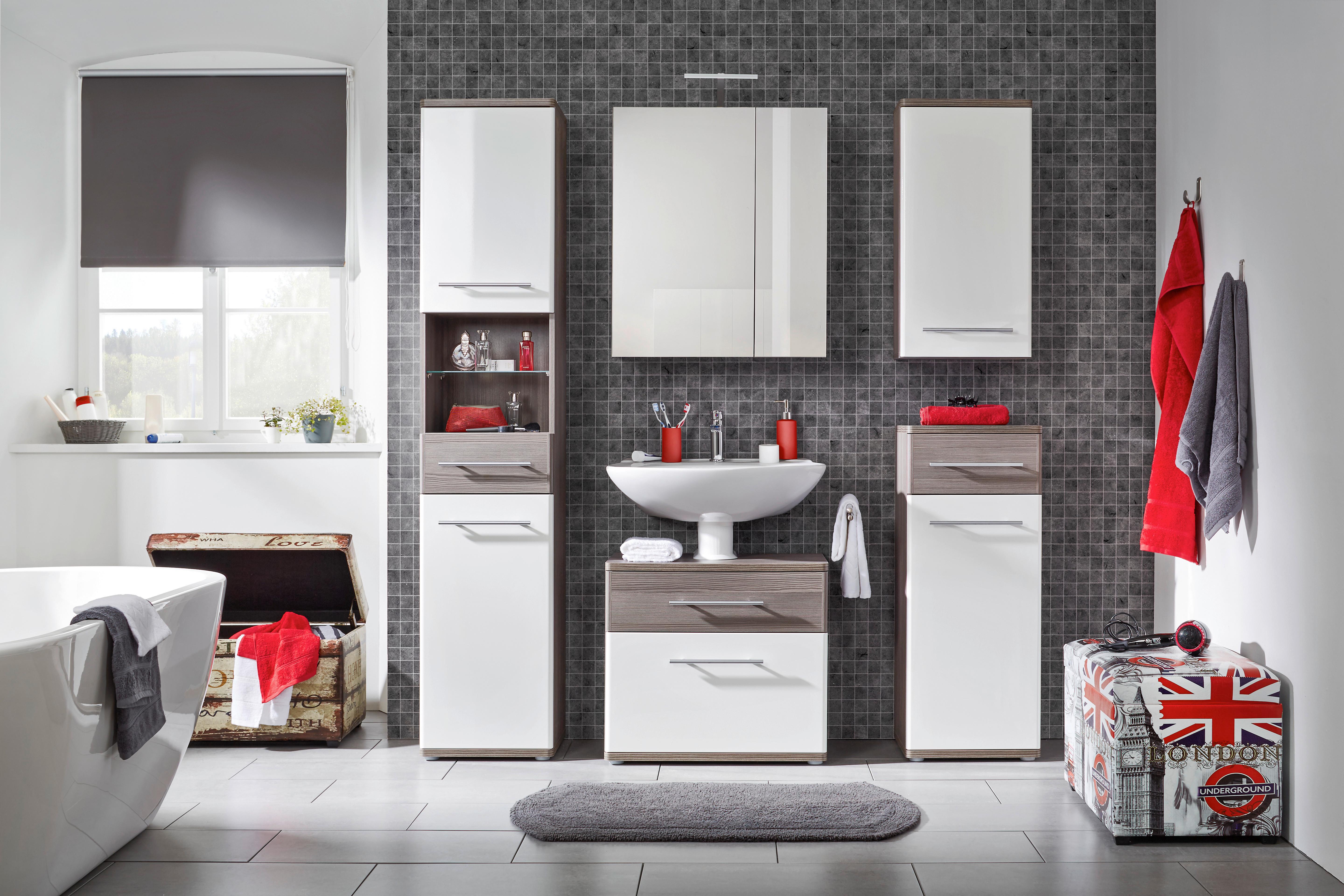 Hochschrank Weiß/Braun - Dunkelbraun/Alufarben, KONVENTIONELL, Glas/Holzwerkstoff (40/195cm) - Mömax