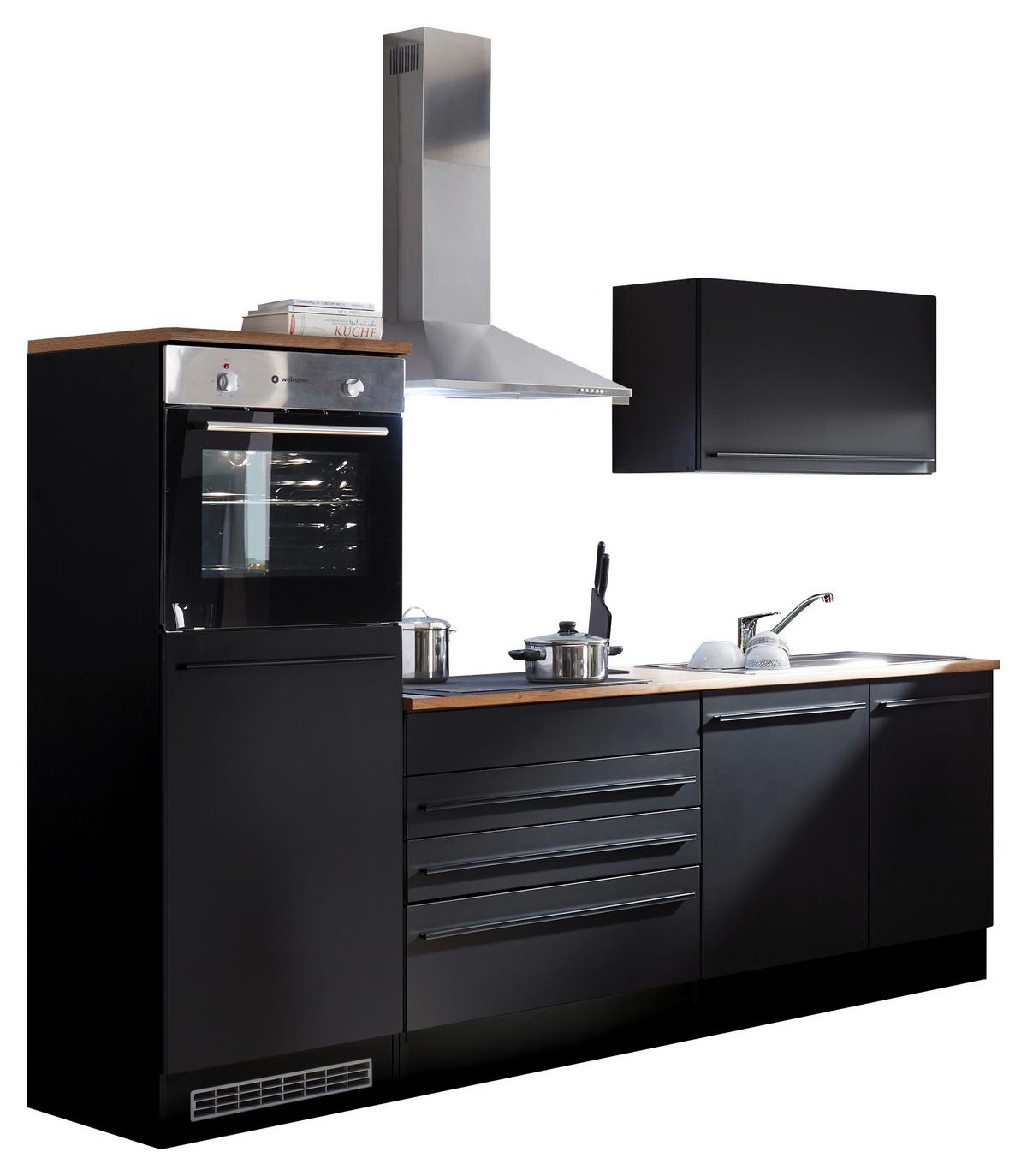 Küchenblock Jazz mit Geräten ca. 260 cm Schwarz - Eichefarben/Schwarz, LIFESTYLE, Holzwerkstoff/Kunststoff (260cm) - P & B