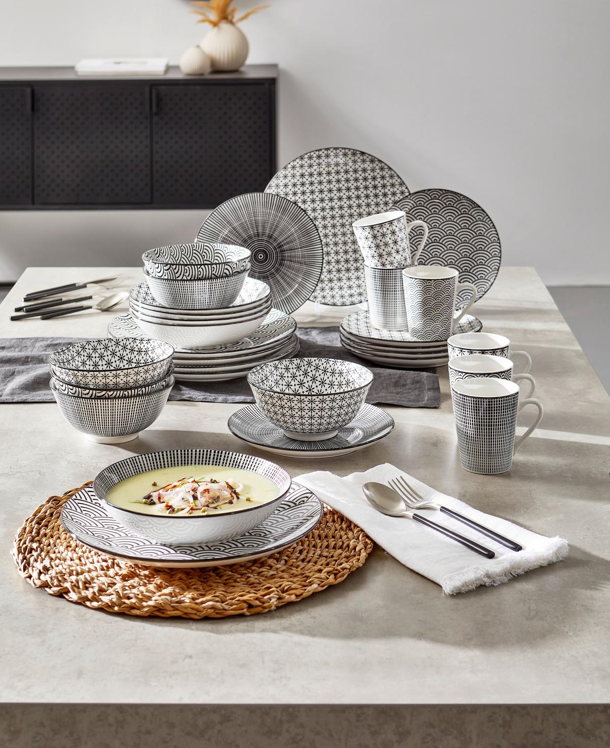 SERWIS OBIADOWO-ŚNIADANIOWY TOKYO - czarny/biały, Trend, ceramika - Novel