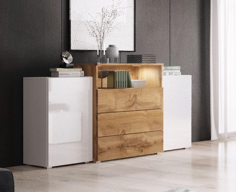 Sideboard Urban III mit LED ca. 150x69 cm Weiß/Eiche Wotan - Weiß Hochglanz/Eiche Wotan, LIFESTYLE, Holzwerkstoff/Kunststoff (150/68,7/32,5cm) - P & B