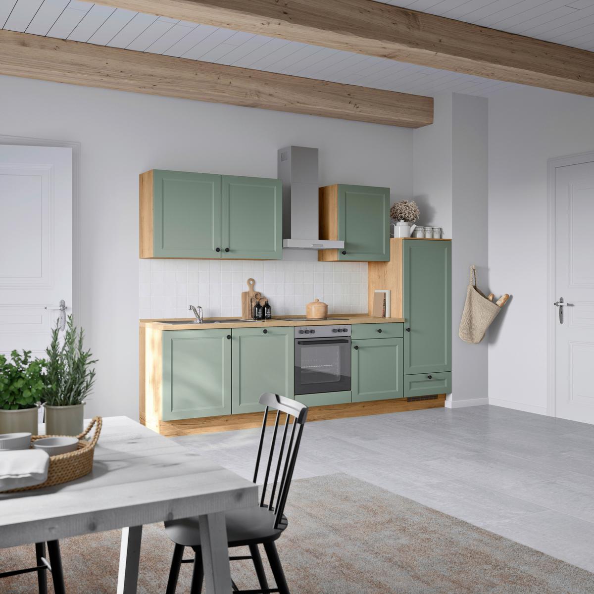 Küchenblock Cascada Low m. Geräten Schilfgrün - Schilfgrün/Eichefarben, MODERN, Holzwerkstoff/Metall (300cm) - Nobilia
