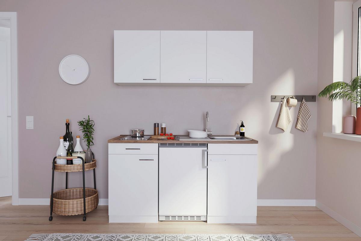 Miniküche Economy m. Geräten Weiß/ Nussbaum B: ca. 150 cm - Edelstahlfarben/Nussbaumfarben, Basics, Holzwerkstoff/Kunststoff (150cm) - Respekta