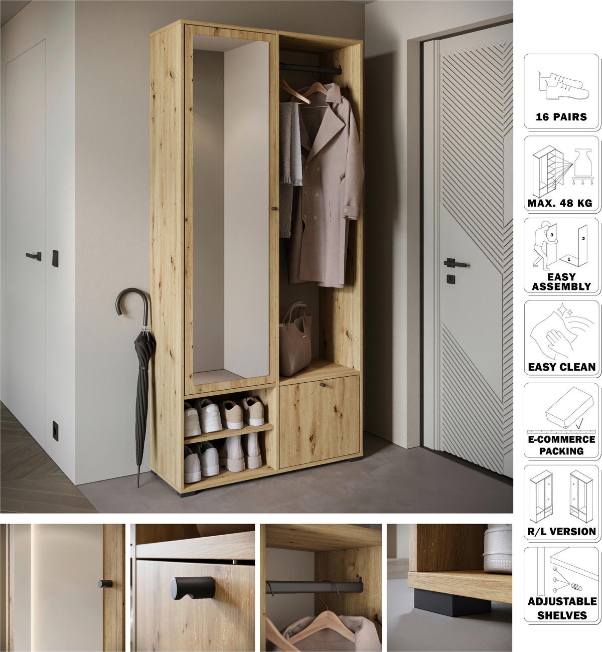 Garderobe Dino ca. 90x190 cm Eiche Artisan - Eiche Artisan, Trend, Holzwerkstoff (90/190/33cm) - MID.YOU