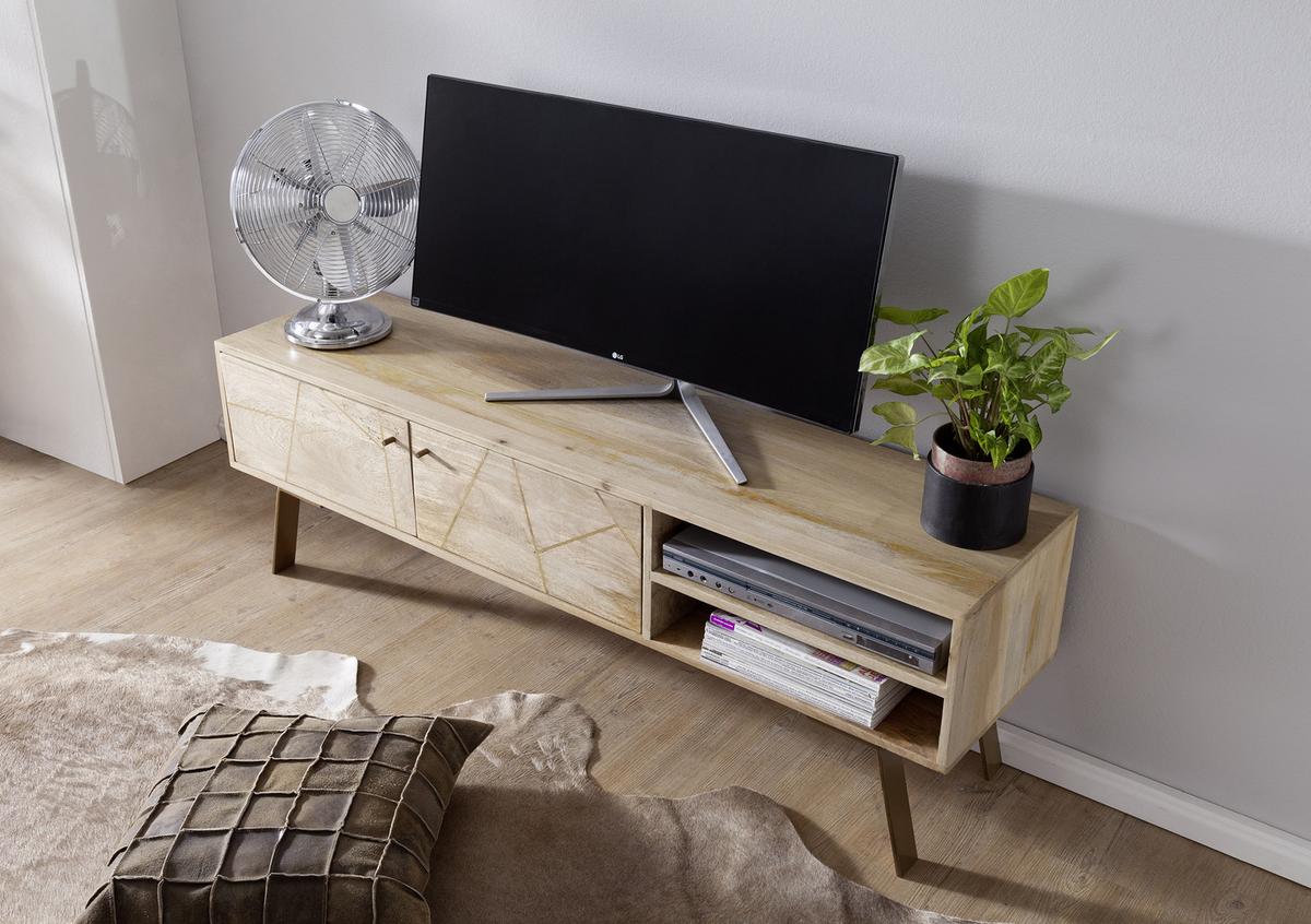 Lowboard "Sikar", aus Mango, braun/gold - Goldfarben/Braun, Design, Holz/Metall (145/47/35cm) - MID.YOU