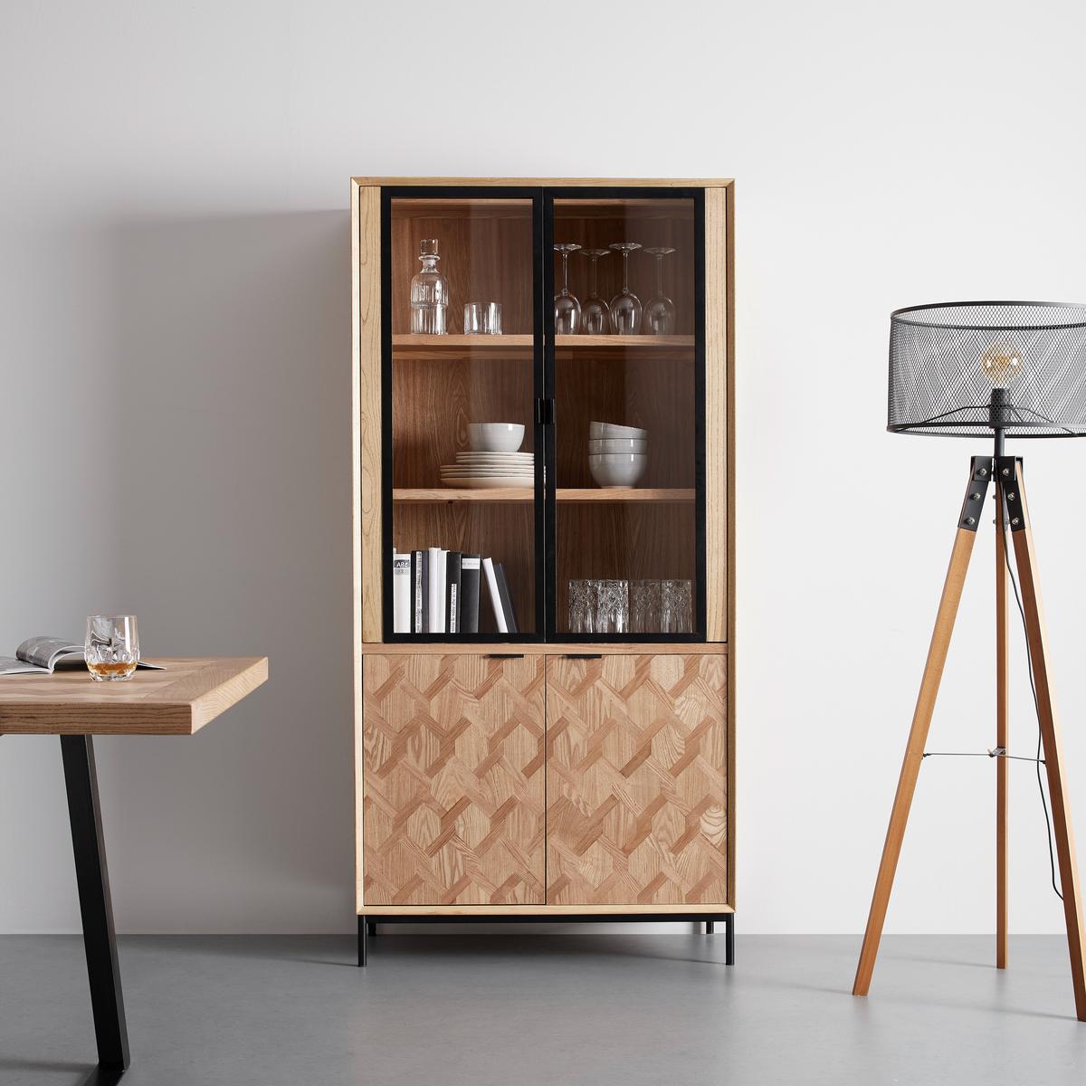 Vitrine Milano Esche furniert Schwarz ca. 90x186 cm - Eschefarben/Schwarz, MODERN, Glas/Holz (90/186/40cm) - Bessagi Home