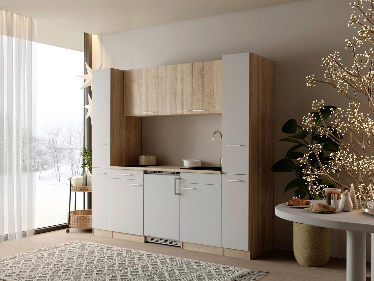 Küchenblock Ingrid m. Geräten Weiß - Eichefarben/Alufarben, Design, Holzwerkstoff/Kunststoff (210cm) - Respekta