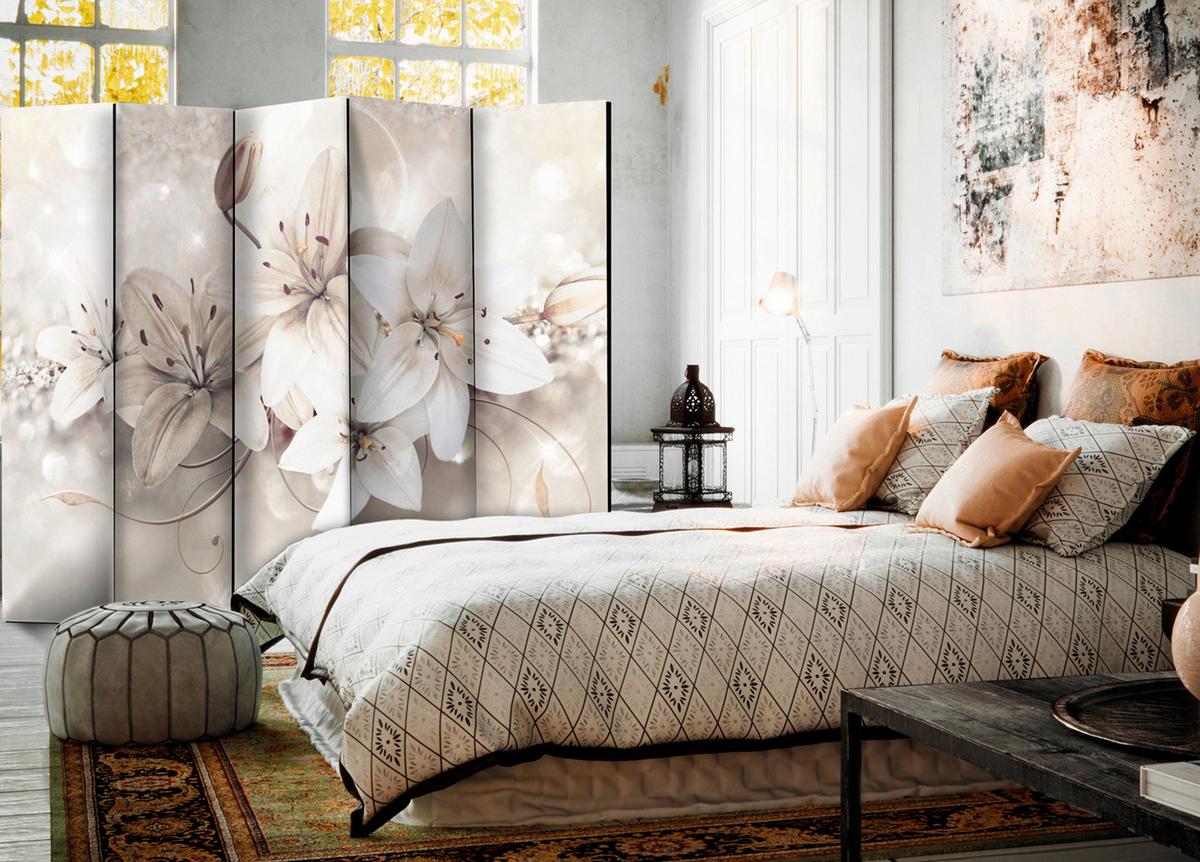 Paravan Diamond Lilies I, 5-Delni, Enostranski - bela/bež, Basics, tekstil/les (225/172/3cm) - artgeist