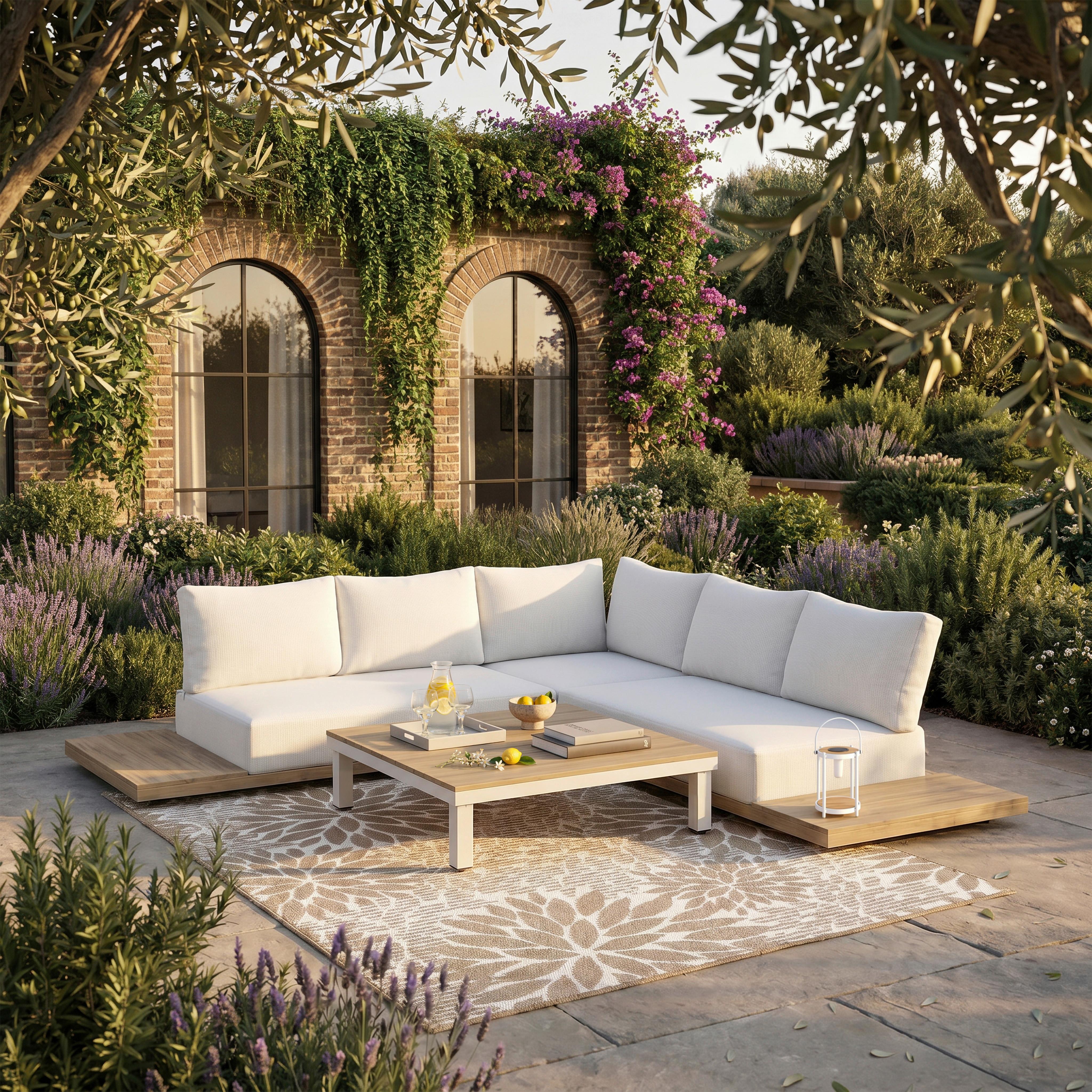 Loungegarnitur Jolly Creme Outdoorstoff/Holz - Creme/Weiß, MODERN, Holz/Textil - Bessagi Garden