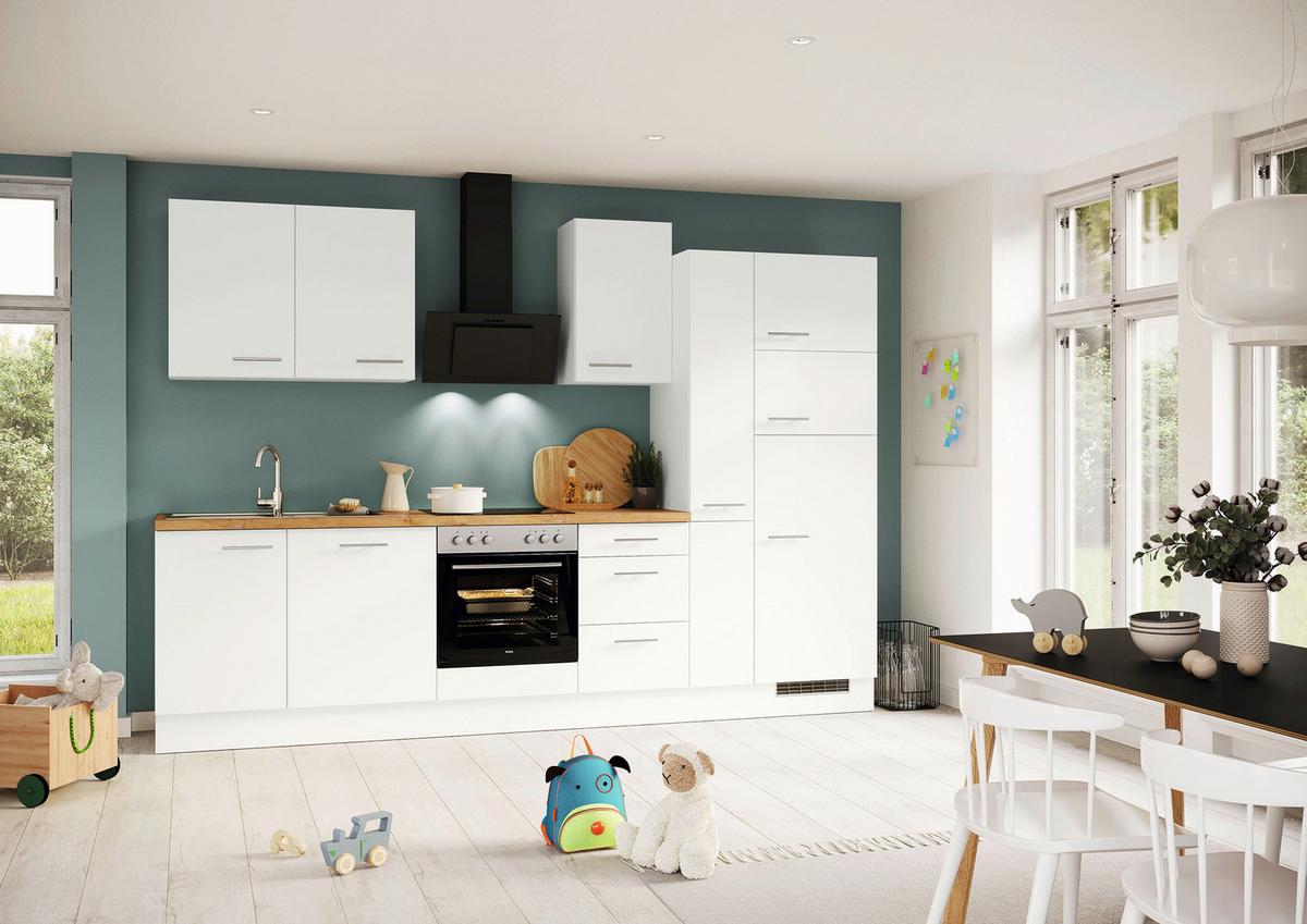 Küchenblock inkl. 5 E-Geräte IP1200 Weiß - Eichefarben/Silberfarben, Trend, Holzwerkstoff/Metall (310cm) - Impuls