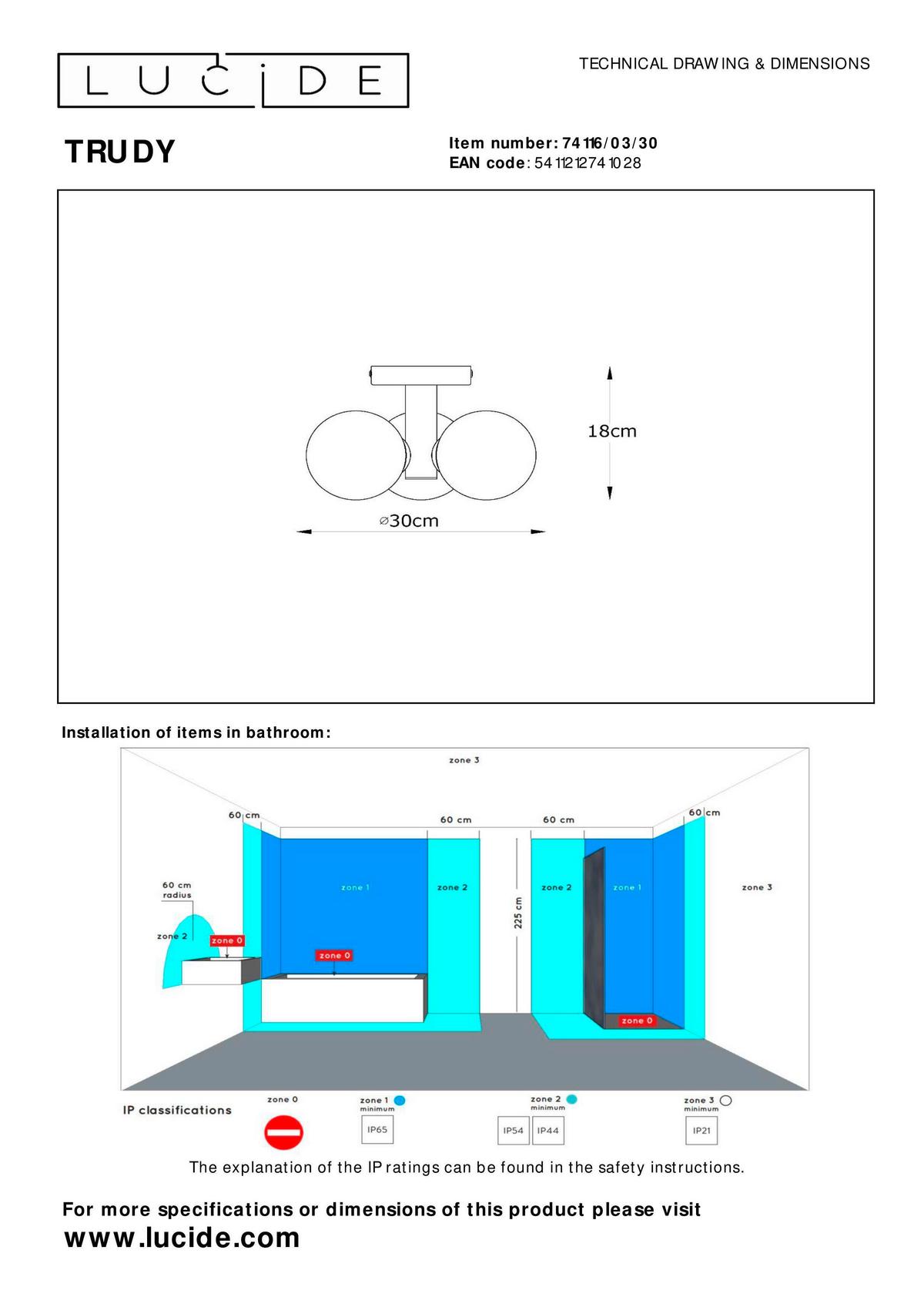 ŁAZIENKOWA LAMPA SUFITOWA 74116/03/30 TRUDY - Konventionell, szkło (28/28/18cm) - Lucide