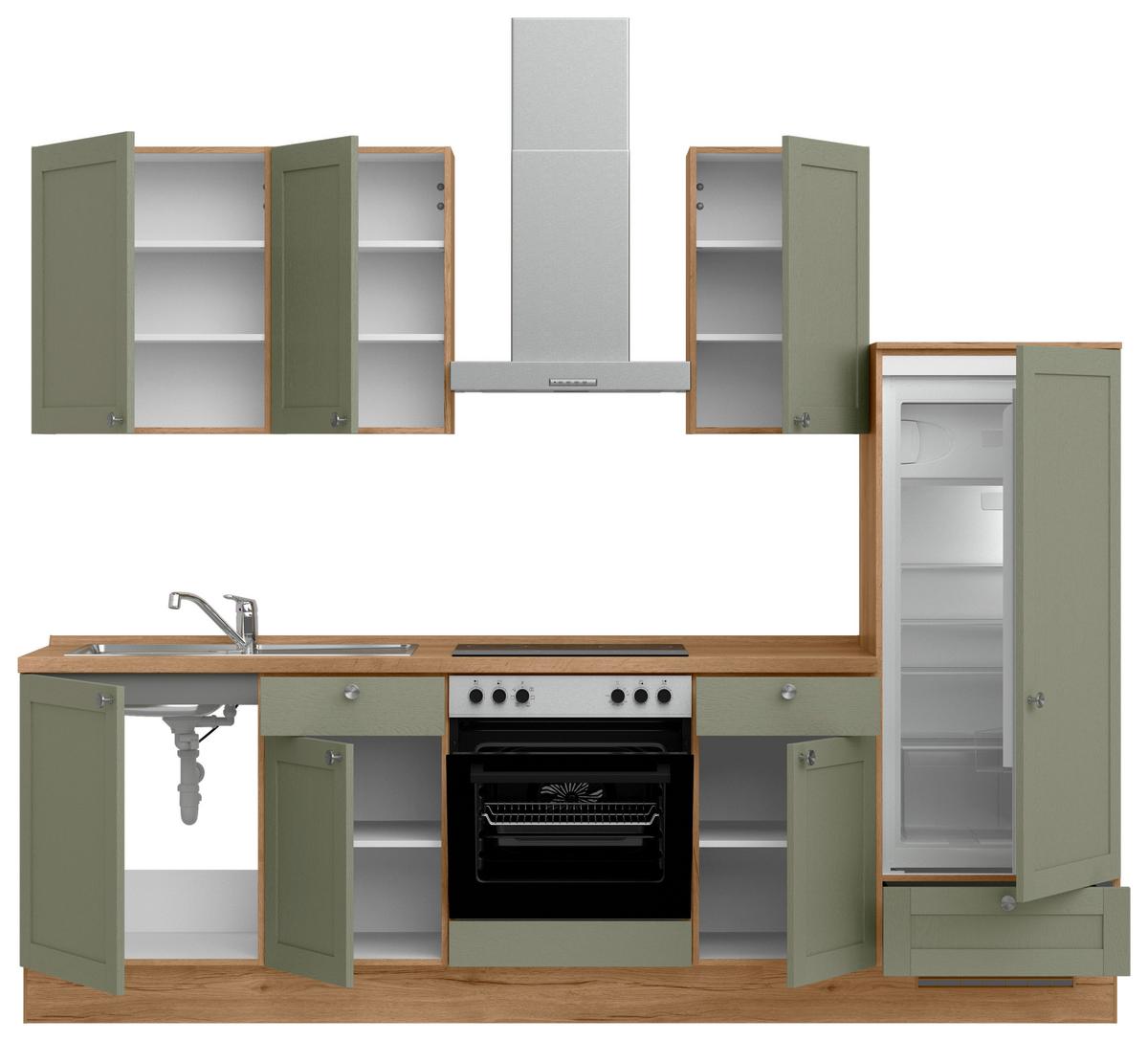 Küchenleerblock Frame Low o. Geräte Olivgrün - Edelstahlfarben/Eichefarben, MODERN, Holzwerkstoff/Metall (270cm) - Nobilia