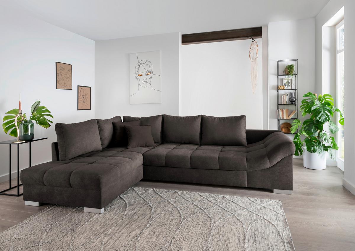 Wohnlandschaft Alvito Dunkelbraun Nylon/Mikrofaser - Dunkelbraun/Silberfarben, Design, Holz/Textil (202/298cm) - MID.YOU