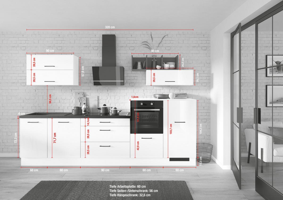 Küchenblock IBZ ohne Geräte ca. 320 cm Weiß Hochglanz - Weiß Hochglanz/Schwarz, Design, Holzwerkstoff/Metall (320cm) - Impuls