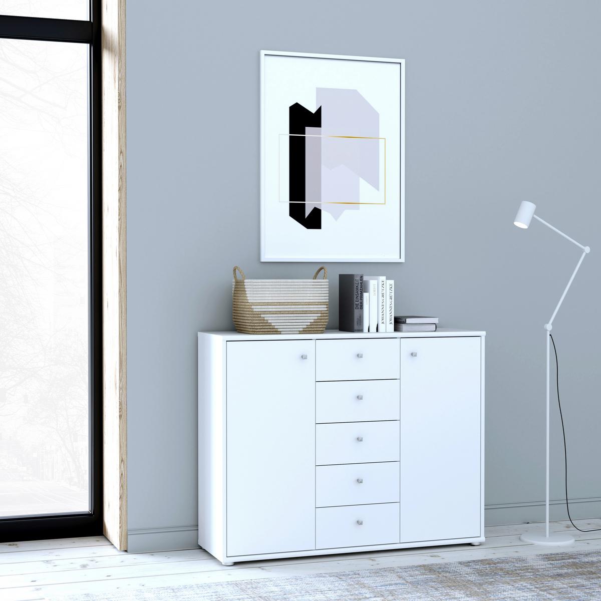 Komoda Tempra 2, Bela - bela/barve aluminija, Design, leseni material (108,8/85,5/34,8cm)