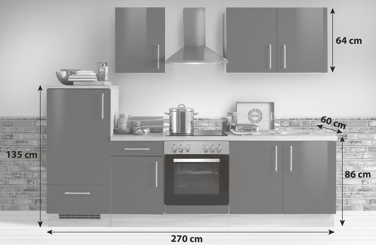 Menke Küchenblock Premium Weiß Hochgl./Eiche ca. 270 cm - Weiß Hochglanz/Silberfarben, KONVENTIONELL, Holzwerkstoff/Metall (270cm) - Menke