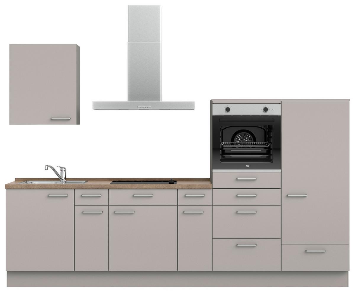 Küchenblock Touch Low m. Geräten Grau - Eiche dunkel/Edelstahlfarben, MODERN, Holzwerkstoff/Metall (300cm) - Nobilia