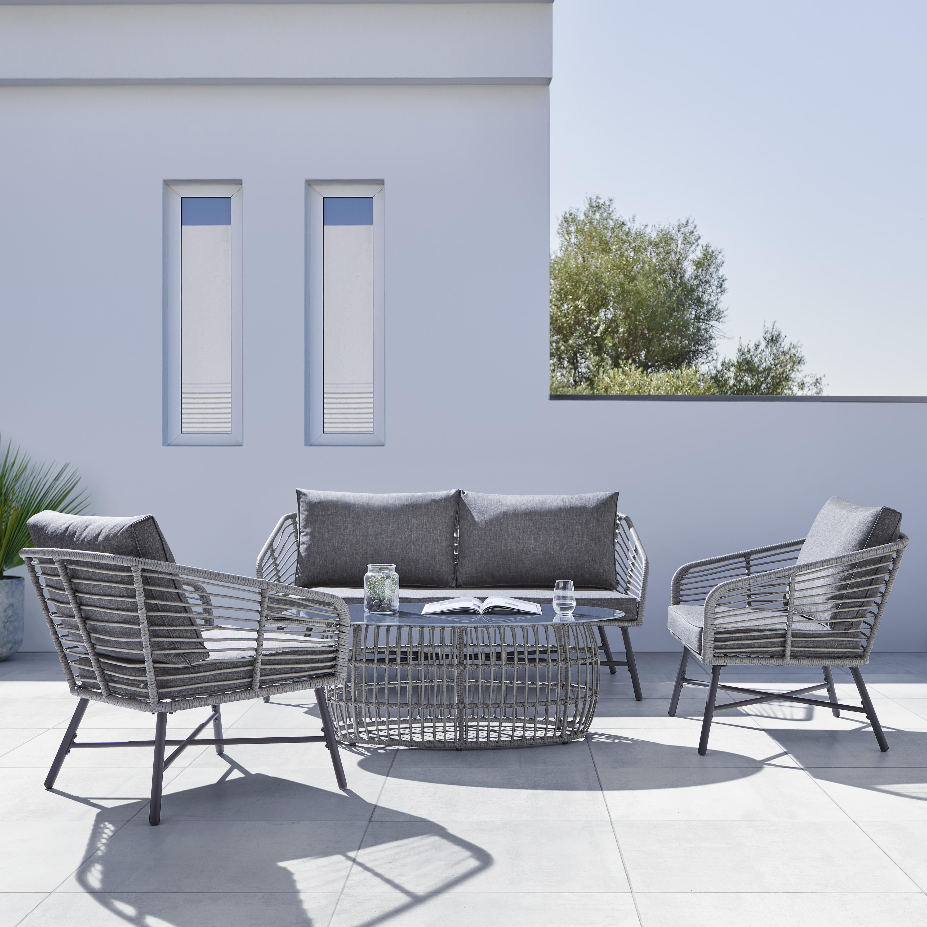 Loungegarnitur "Mica", 4-teilig, Outdoorstoff - Dunkelgrau, Modern, Glas/Kunststoff - Bessagi Garden