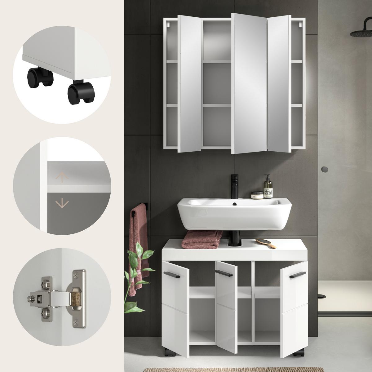 Badezimmer NOVA Weiß, Weiß Hochglanz 2-teilig - Weiß Hochglanz/Schwarz, Trend, Glas/Holzwerkstoff (82cm) - MID.YOU