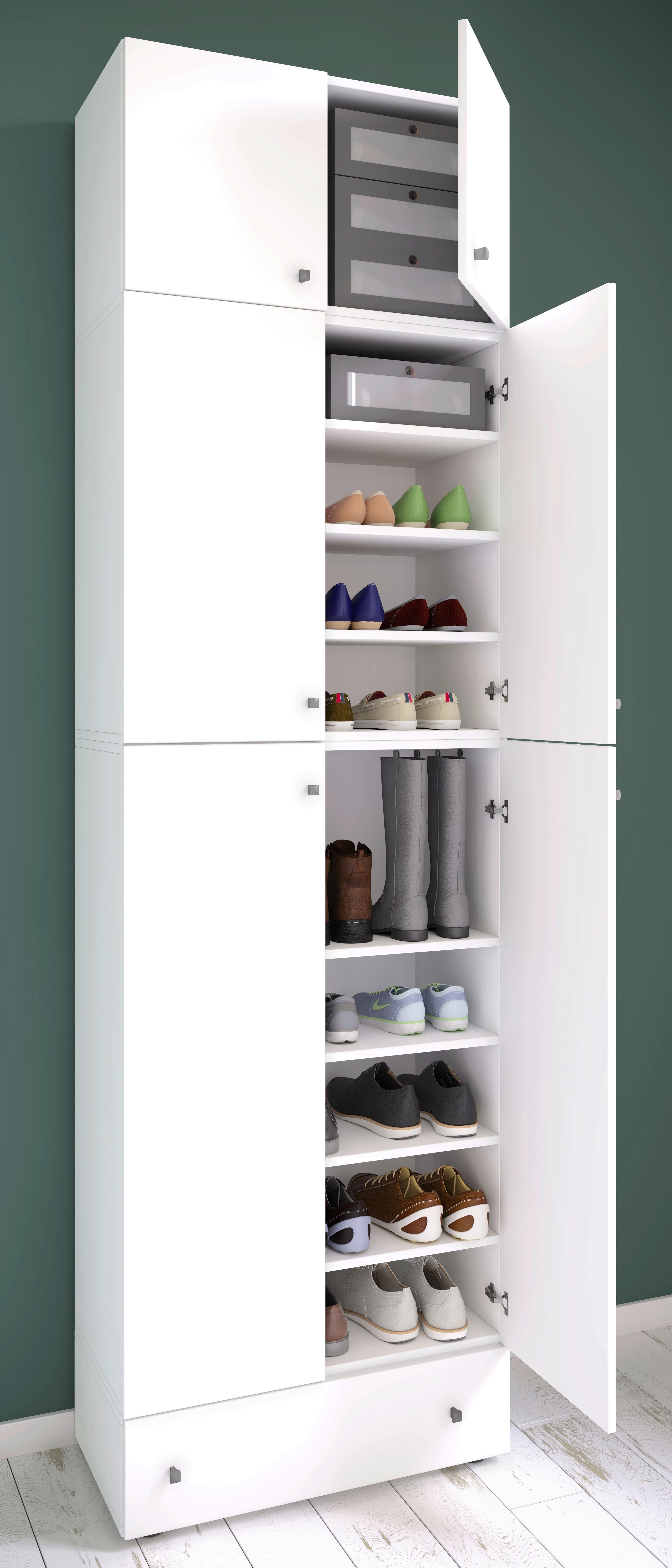 Lomadox Schuhschrank Modern In Weiß – 100x85x19 Cm, Für 8 Paar Schuhe, Mit 2 Klappen & Körben