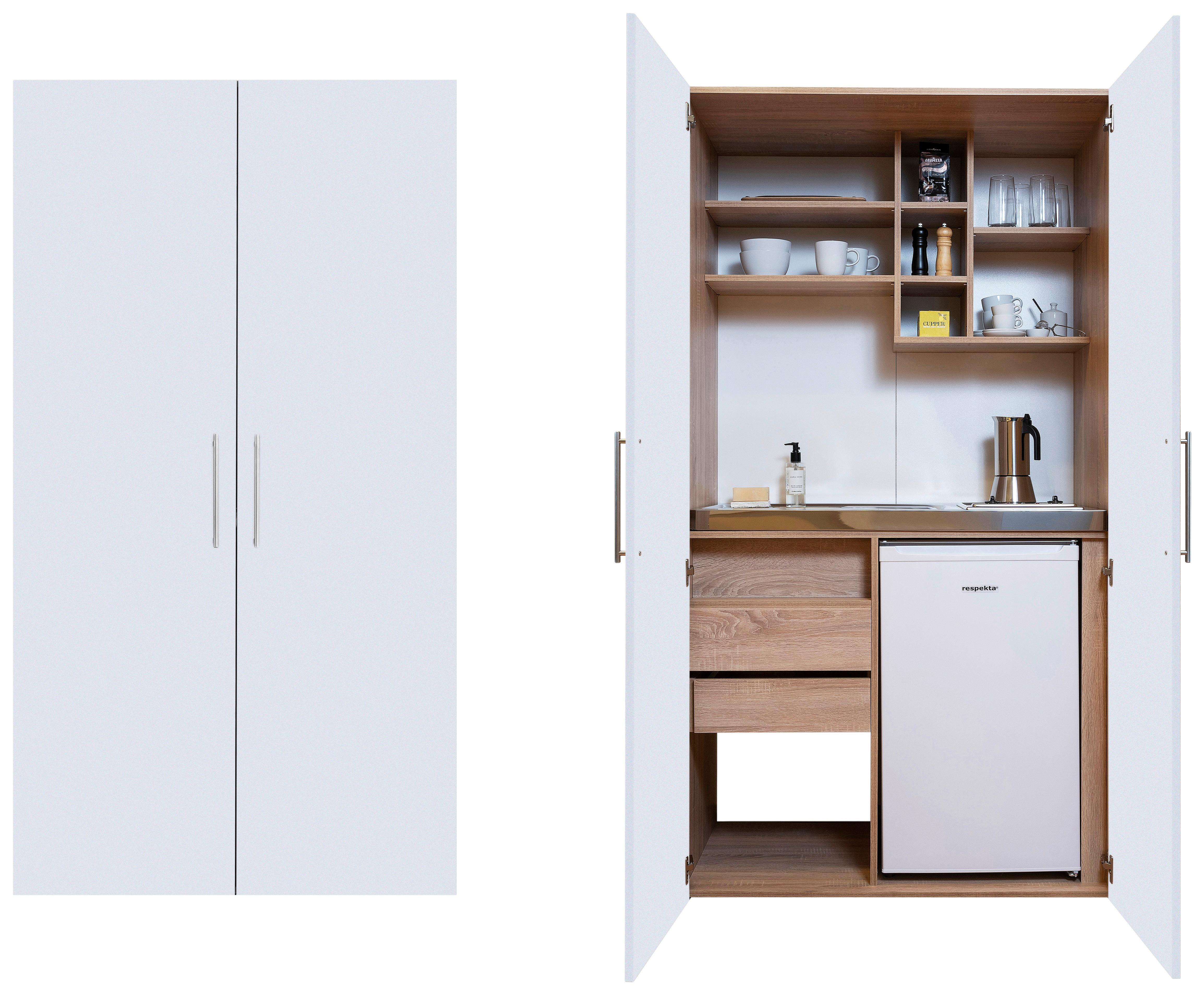Schrankküche mit Kühlschrank + Kochfeld Weiß B: ca. 104 cm - Edelstahlfarben/Eichefarben, KONVENTIONELL, Holzwerkstoff/Metall (104/193/67cm) - Respekta