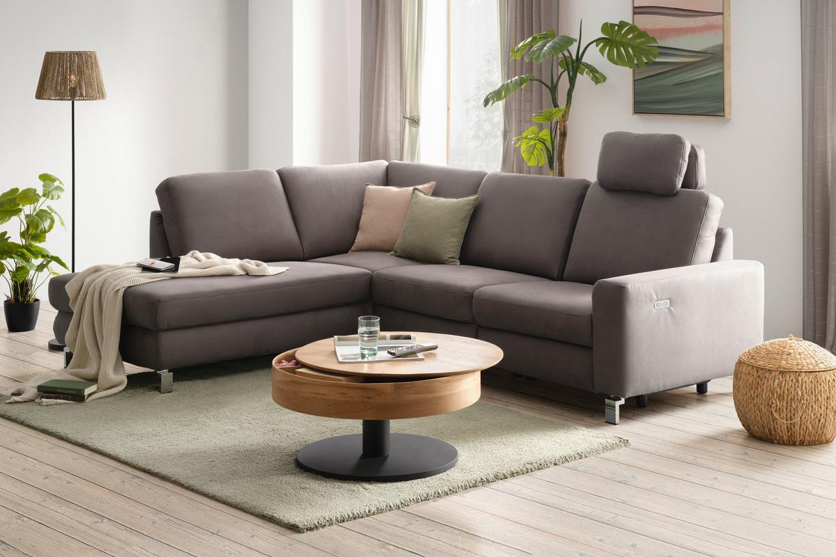 Ecksofa in Anthrazit mit Relaxfunktion - Chromfarben/Beige, Konventionell, Textil/Metall (263/89/220cm) - Premium Living