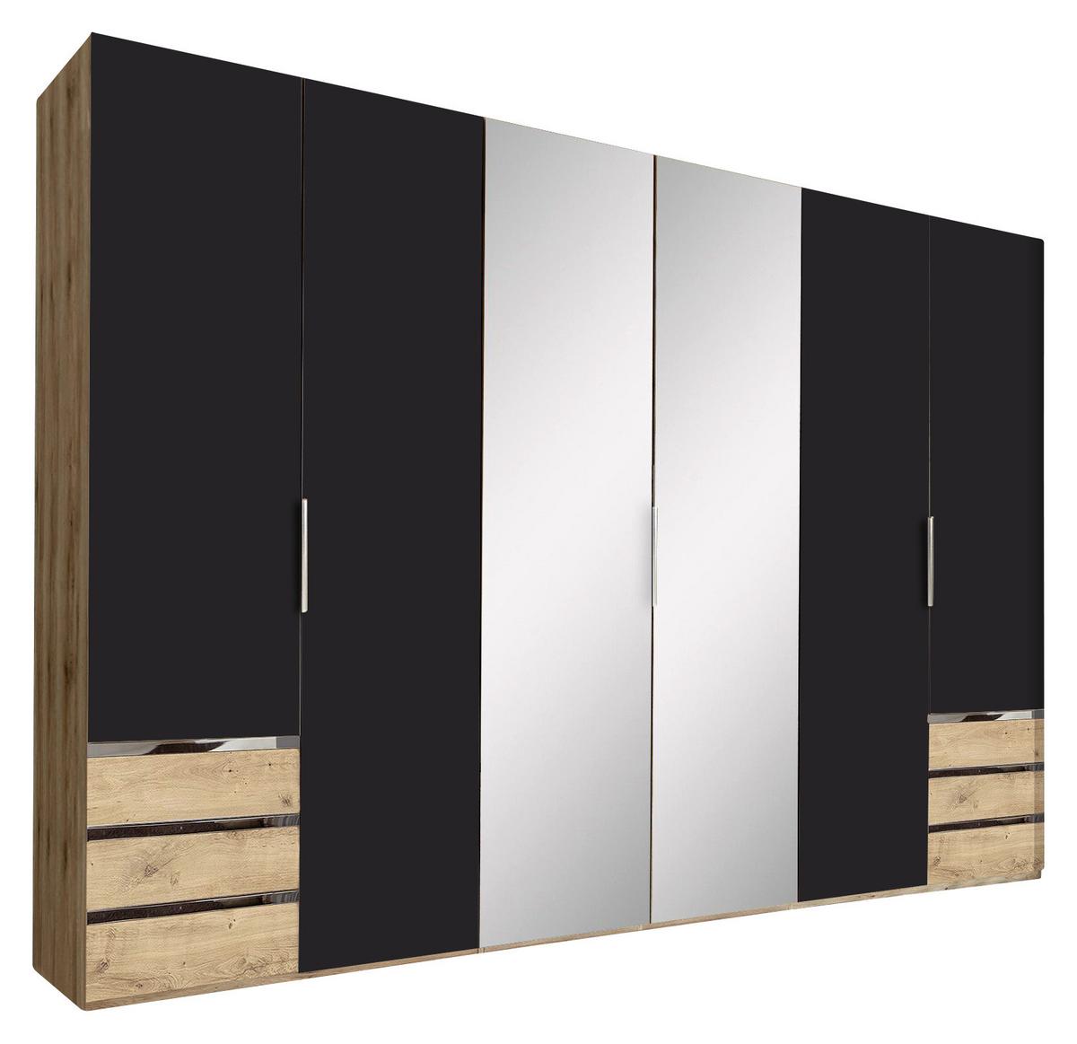 Drehtürenschrank Level 36A mit Spiegel ca.300cm Graphitfarben - Chromfarben/Plankeneiche, MODERN, Glas/Holzwerkstoff (300/216/58cm) - MID.YOU