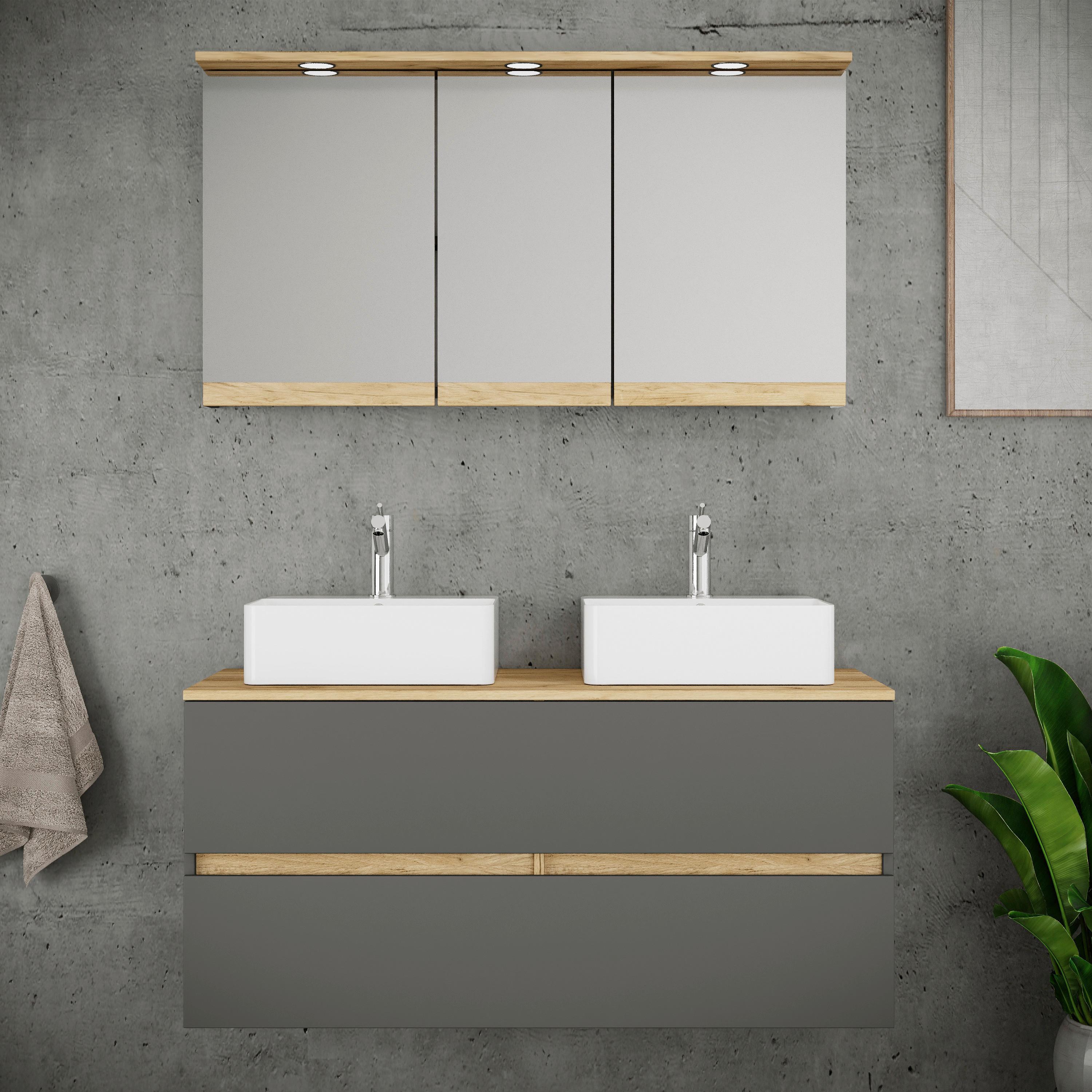 Badezimmer Cosila - Honigeiche/Weiss, Trend, Keramik/Holzwerkstoff (111cm) - MID.YOU