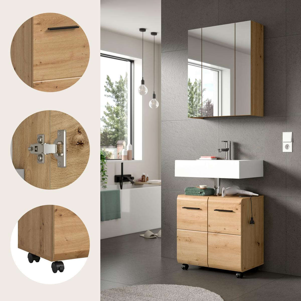 Badezimmer Ice Eiche Artisan - Schwarz/Eiche Artisan, Trend, Glas/Holzwerkstoff (60cm) - MID.YOU