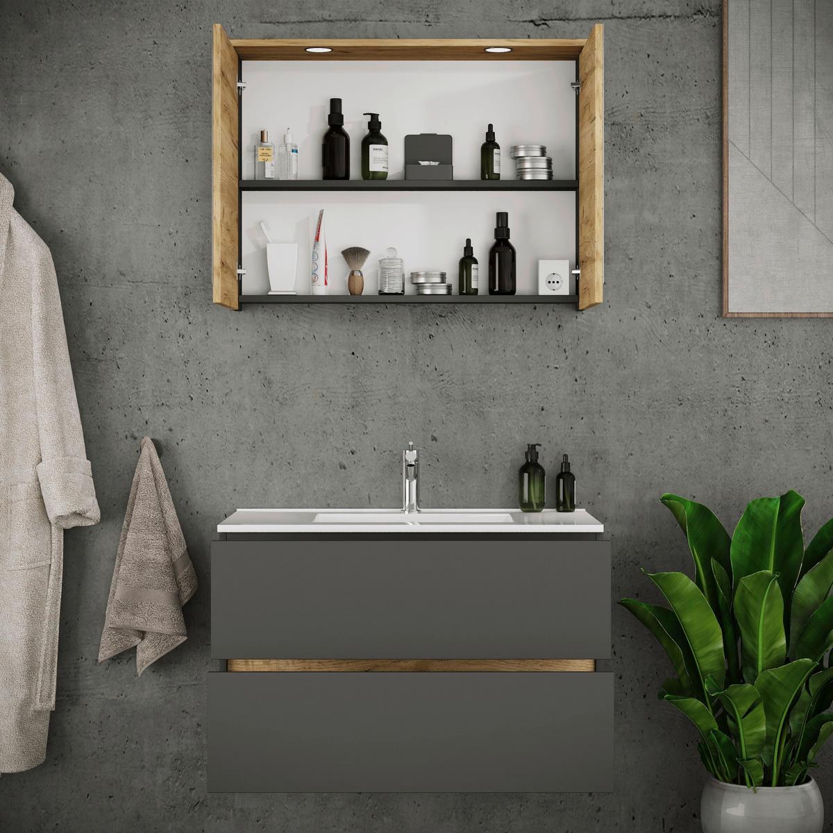 Badezimmer Cosila - Honigeiche/Weiss, Trend, Keramik/Holzwerkstoff (110cm) - MID.YOU