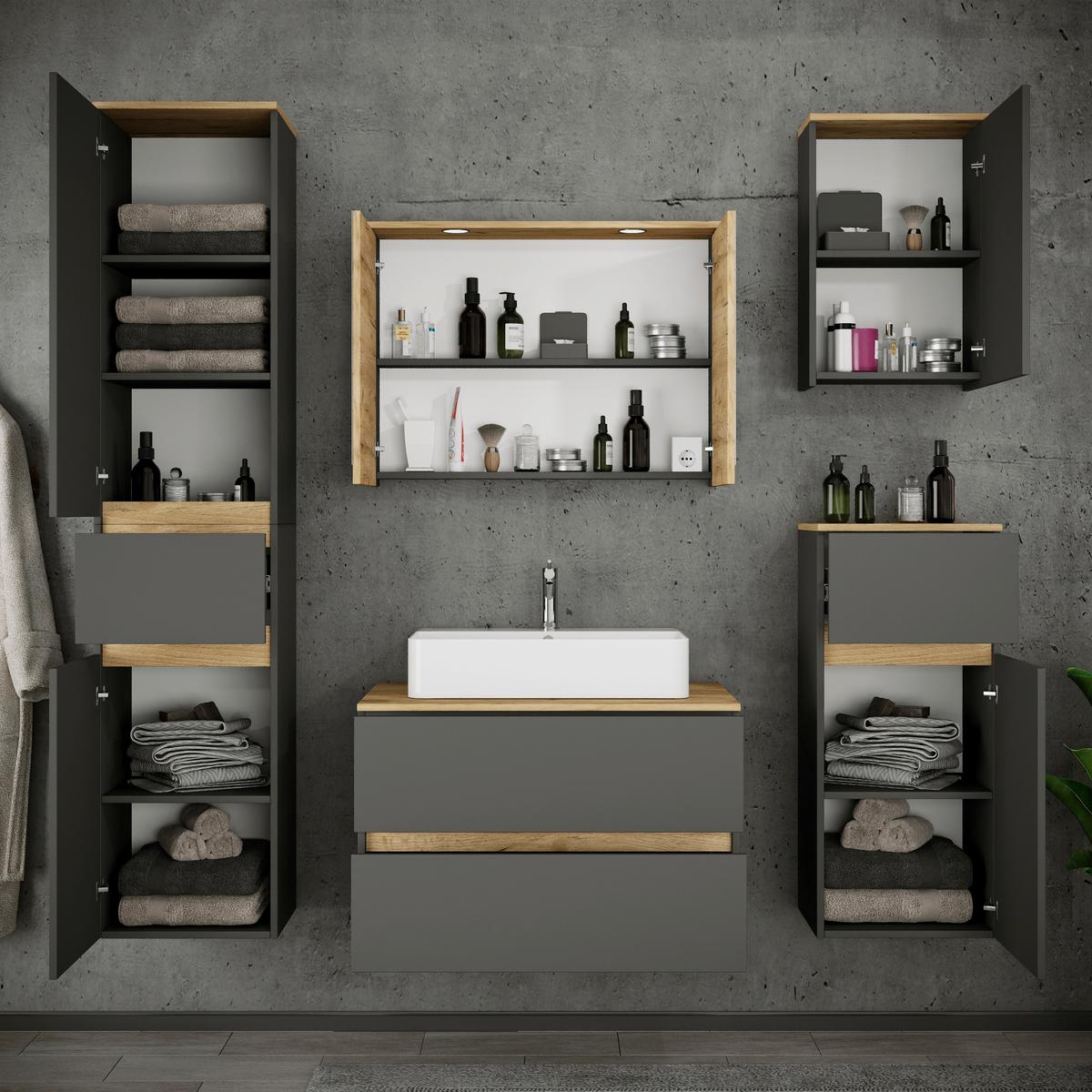 Badezimmer Cosila - Honigeiche/Weiss, Trend, Keramik/Holzwerkstoff (160cm) - MID.YOU