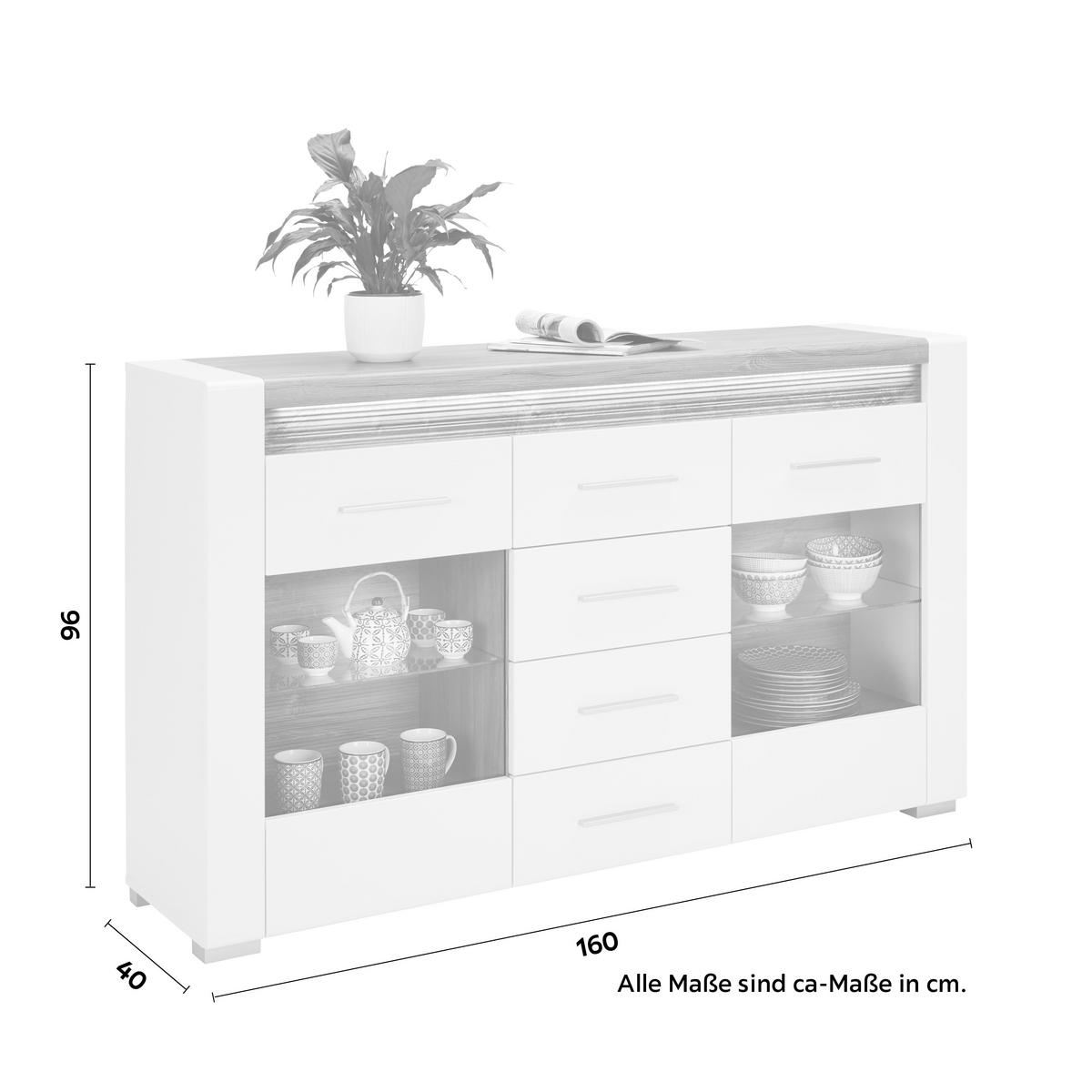 Servantă LEONARDO - alb/culoare lemn stejar, Modern, sticlă/material pe bază de lemn (160/96/40cm) - Modern Living