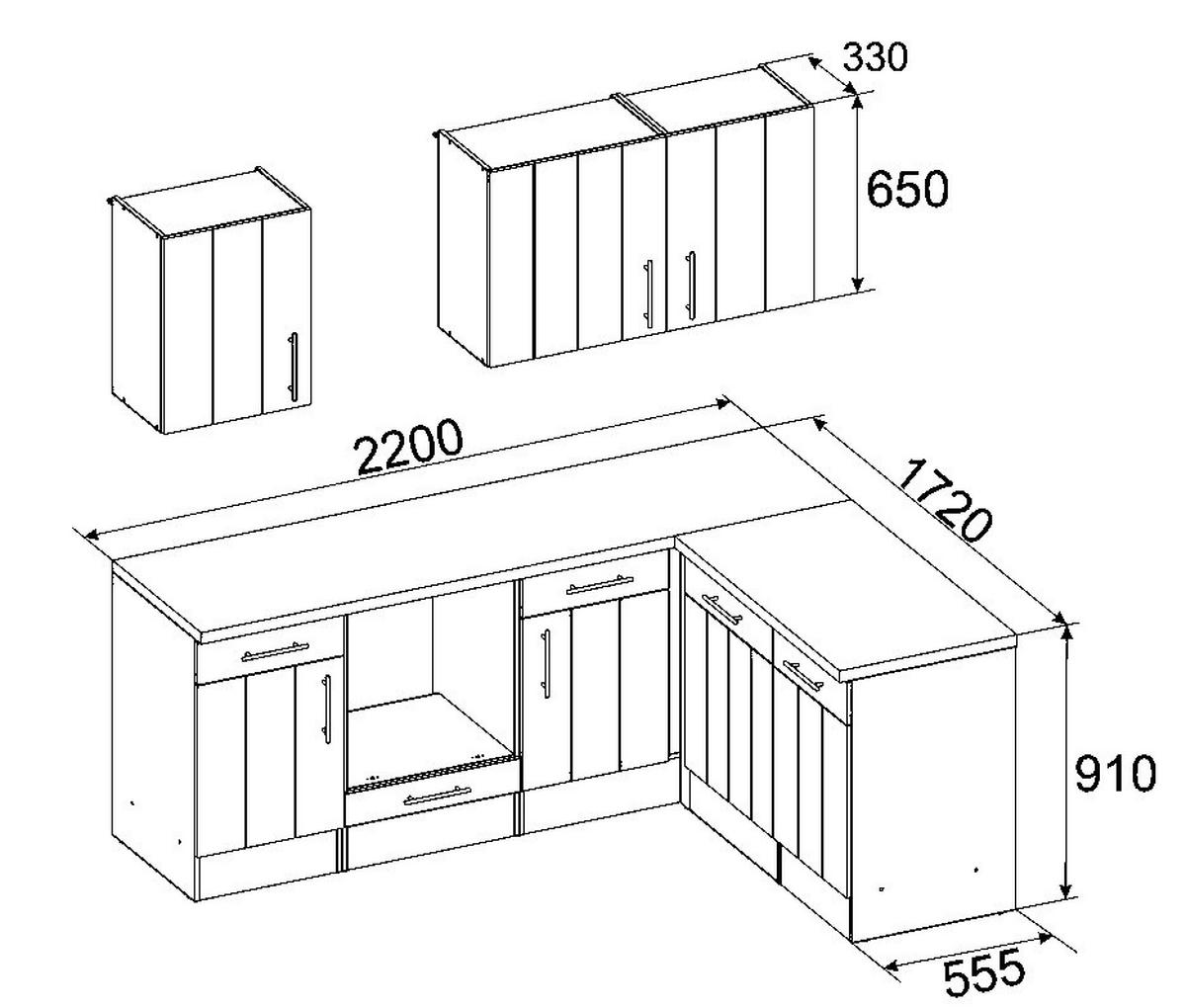 Eckküche Premium Lärche Weiß ca. 220x172 cm - Eichefarben/Weiß, ROMANTIK / LANDHAUS, Holzwerkstoff/Metall (220/172cm) - Respekta