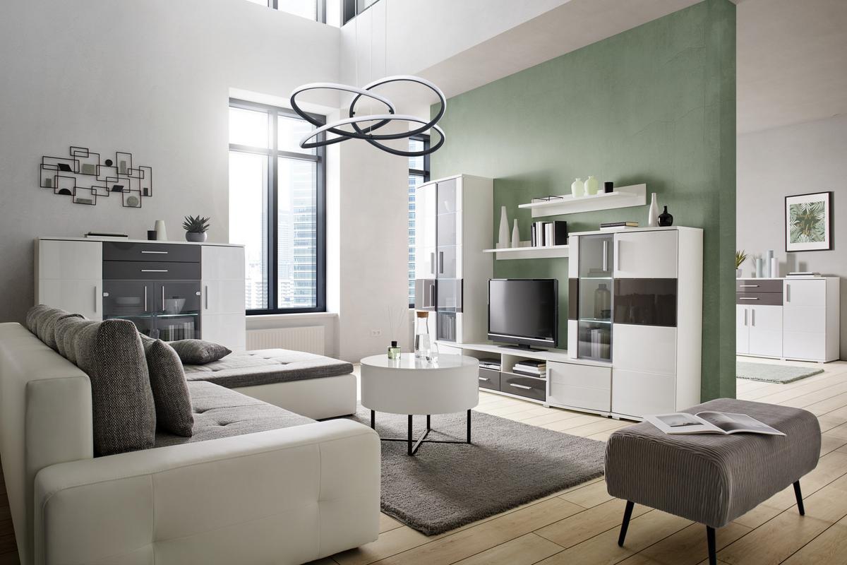 Wohnwand in Weiss/Grau Hochglanz - Weiss/Grau, Modern, Holz (296/198/50cm) - Mömax